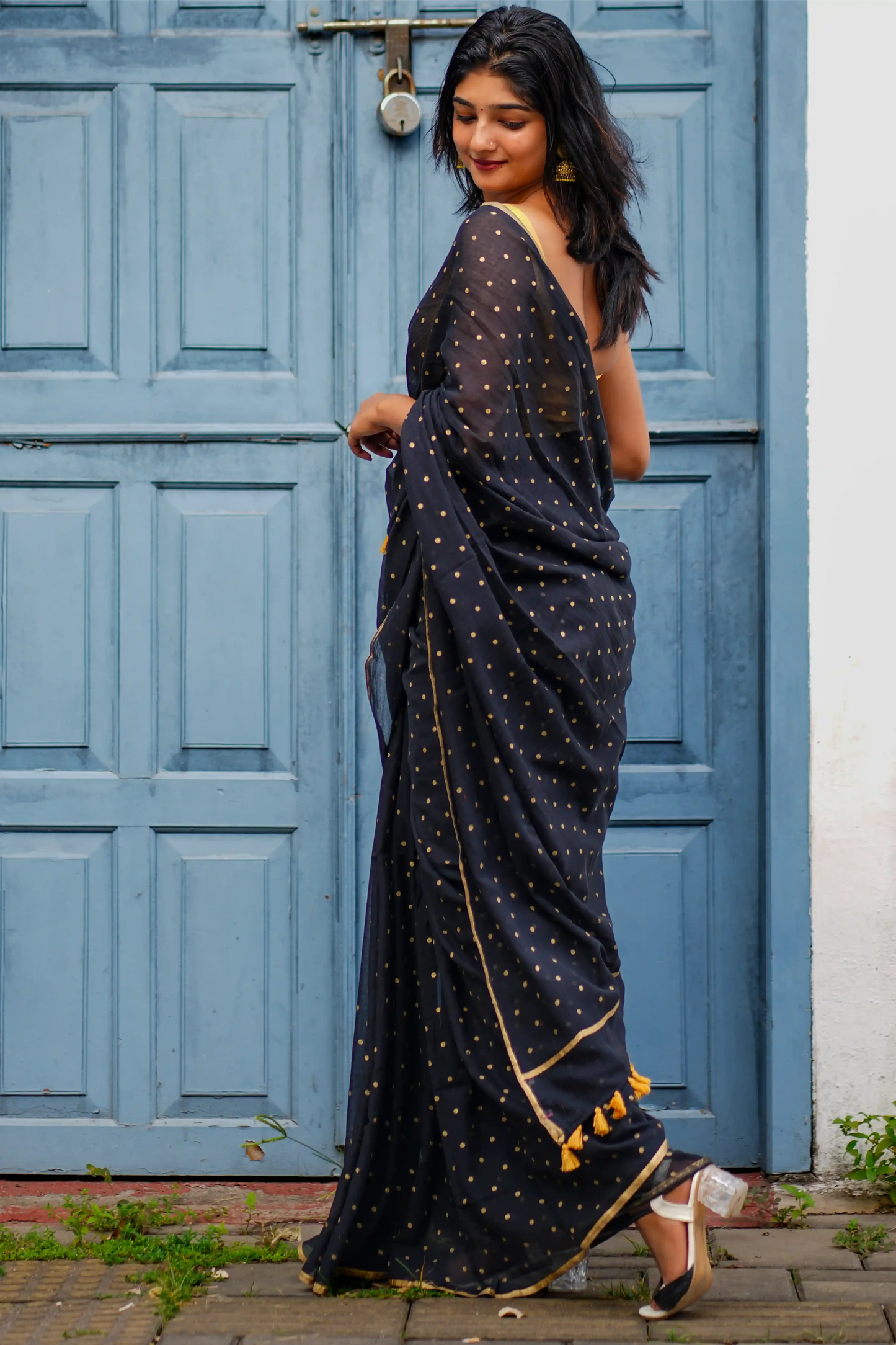 Kaala Bindu Gold Block Print Polka Dot Cotton Saree