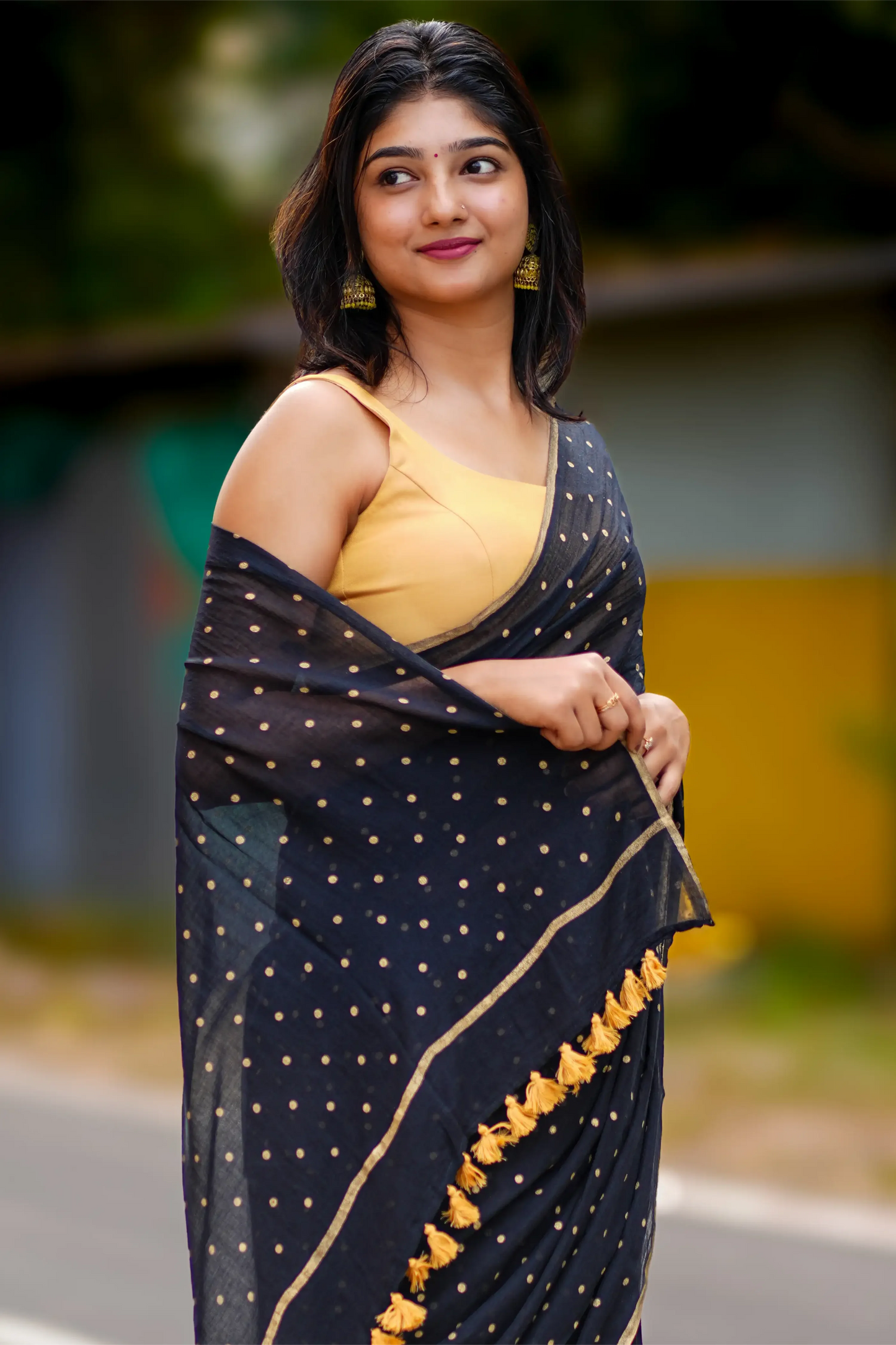 Kaala Bindu Gold Block Print Polka Dot Cotton Saree