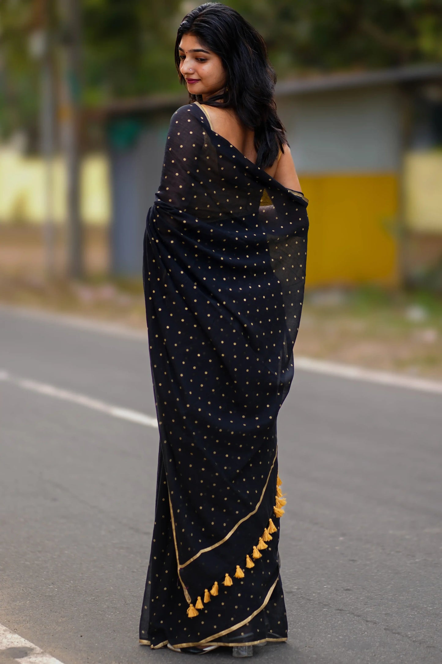 Kaala Bindu Gold Block Print Polka Dot Cotton Saree