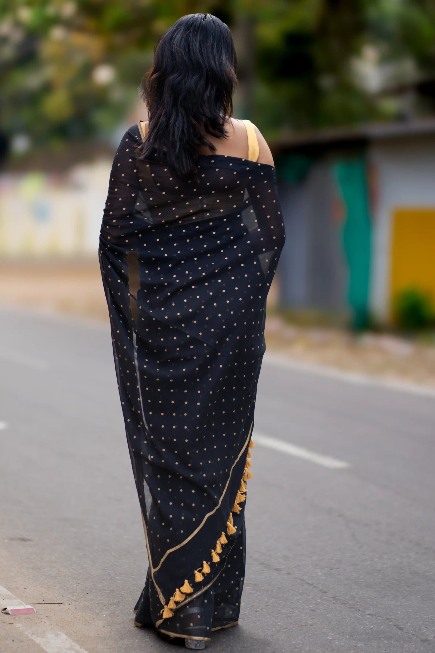 Kaala Bindu Gold Block Print Polka Dot Cotton Saree