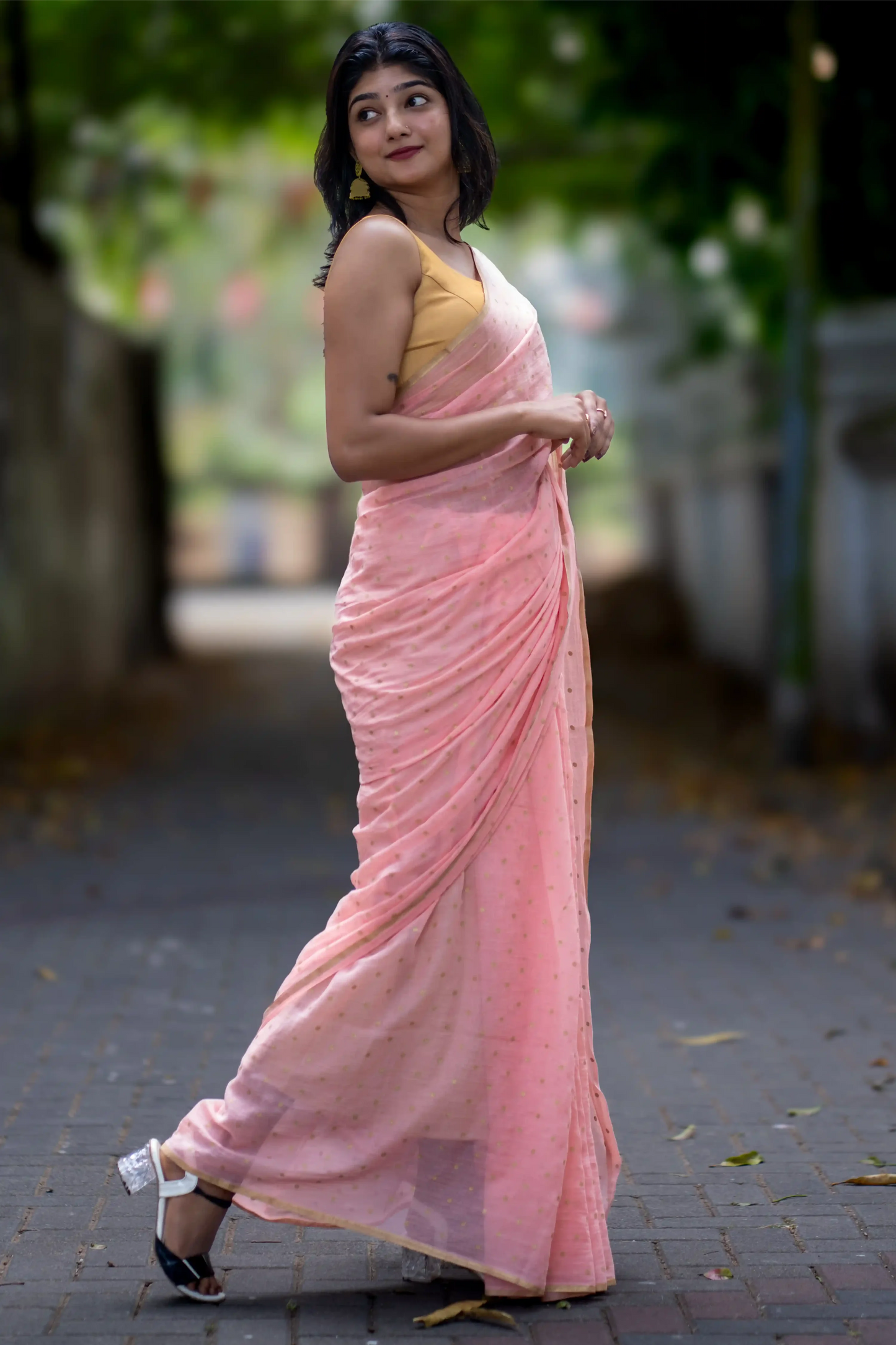 Blush Gold Polka Dot Cotton Saree