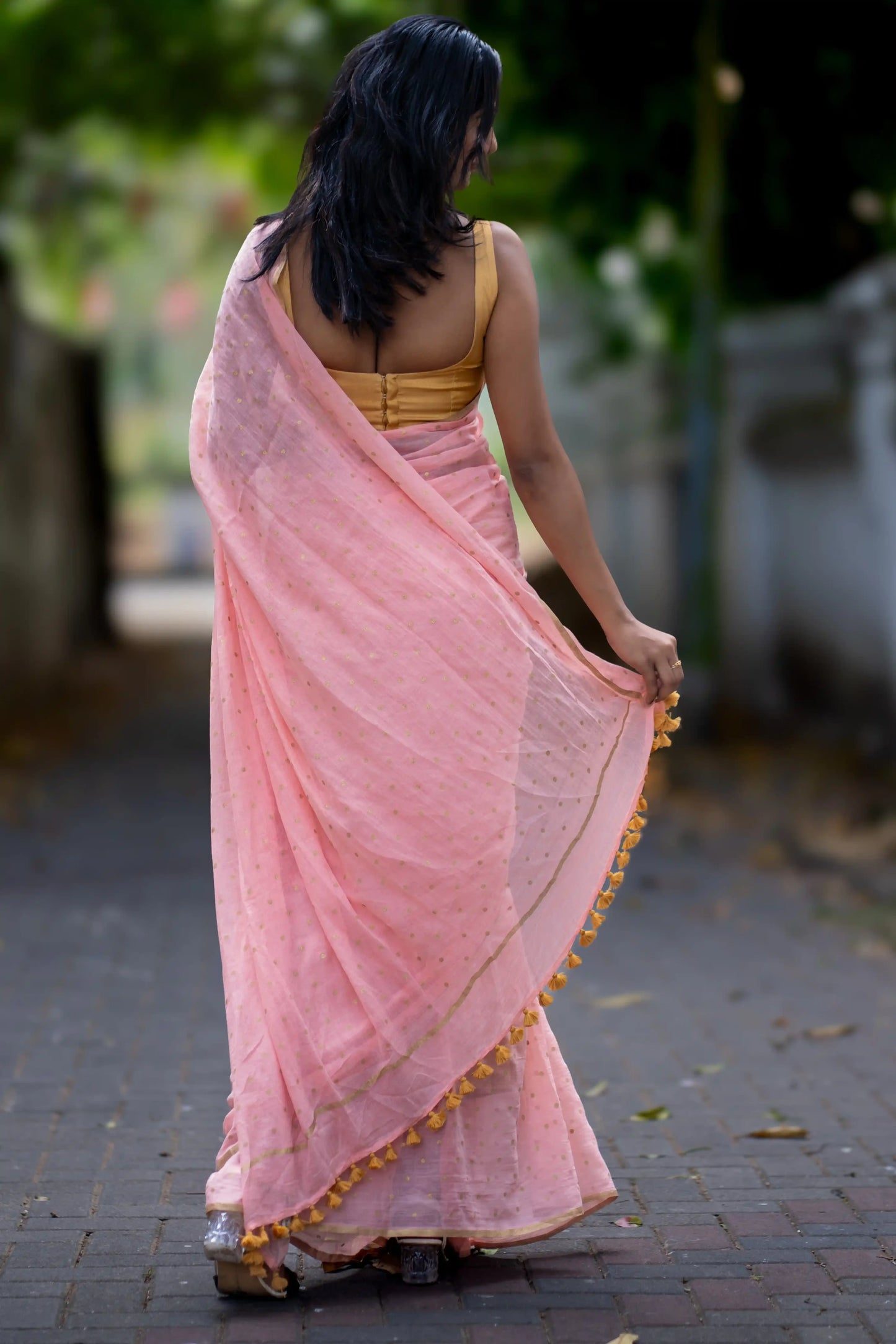 Blush Gold Polka Dot Cotton Saree