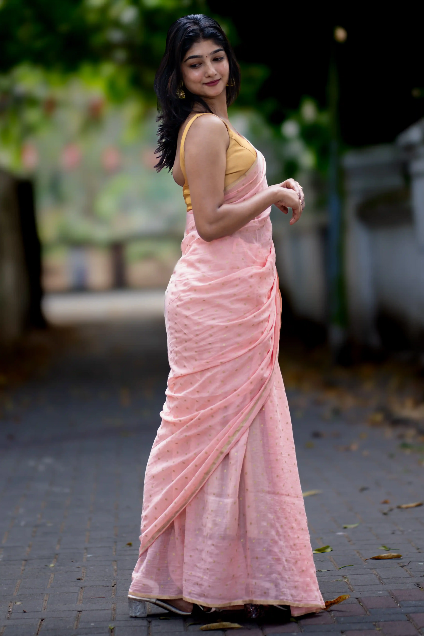 Blush Gold Polka Dot Cotton Saree