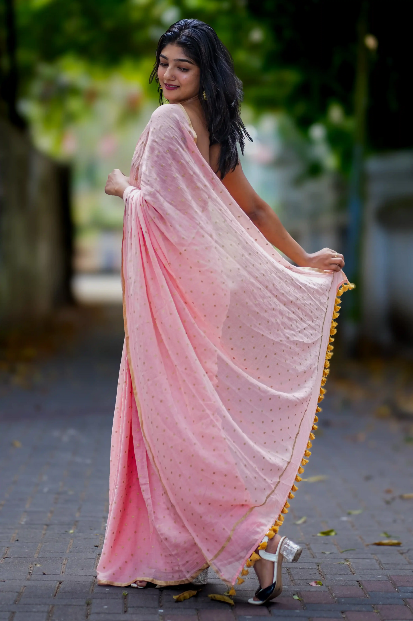 Blush Gold Polka Dot Cotton Saree