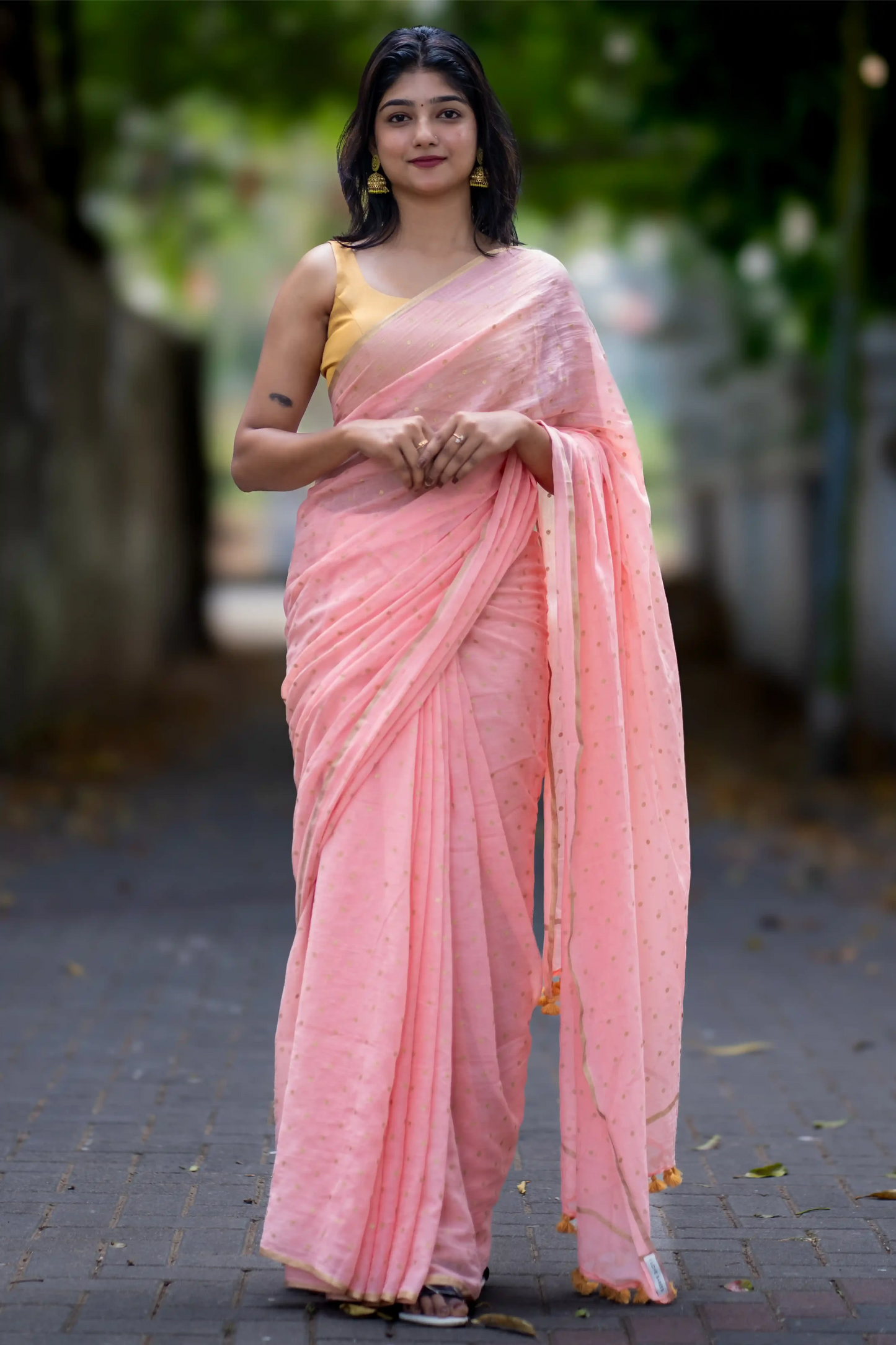 Blush Gold Polka Dot Cotton Saree
