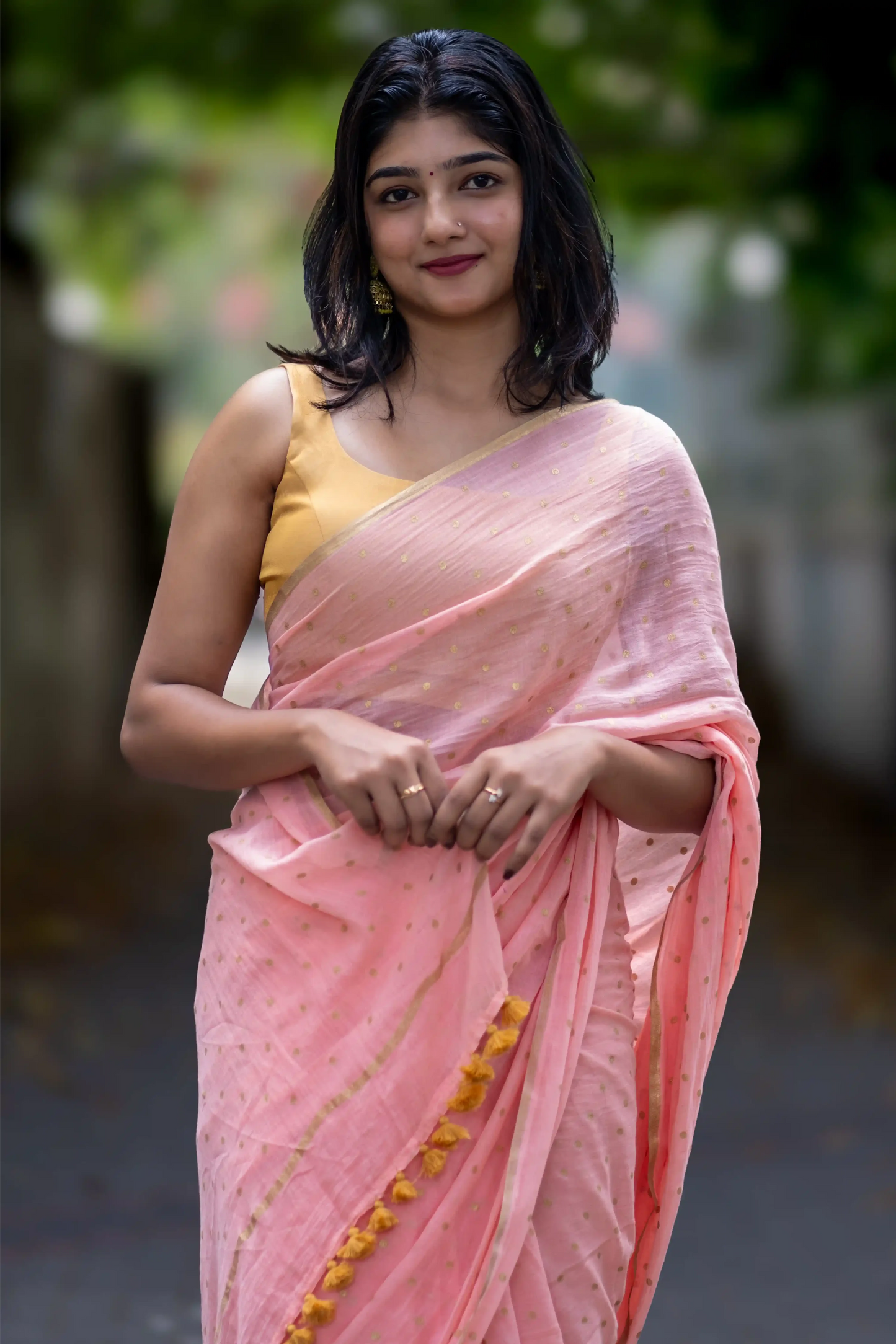 Blush Gold Polka Dot Cotton Saree
