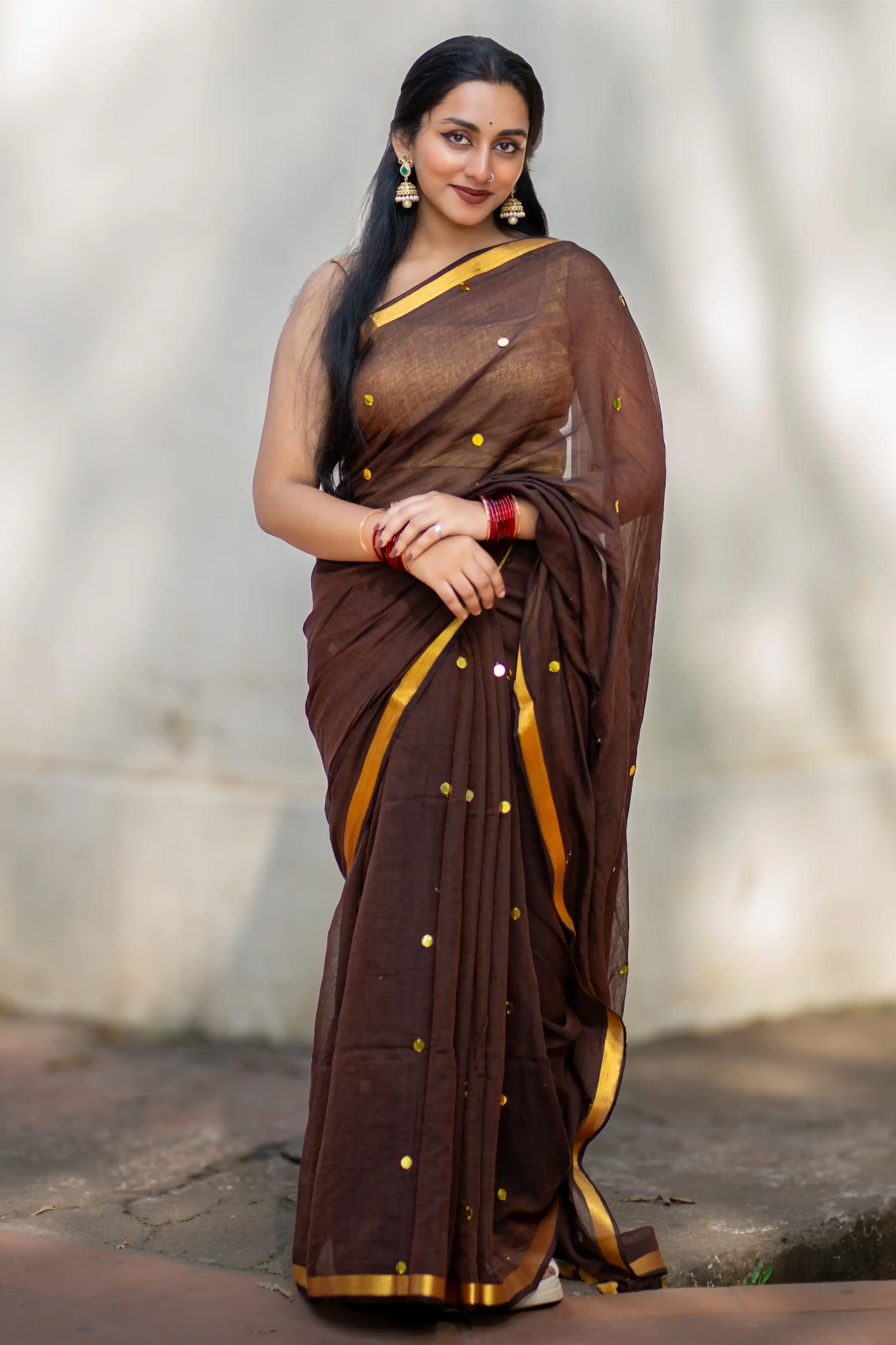 Zarina Mocha Sequin Cotton Saree