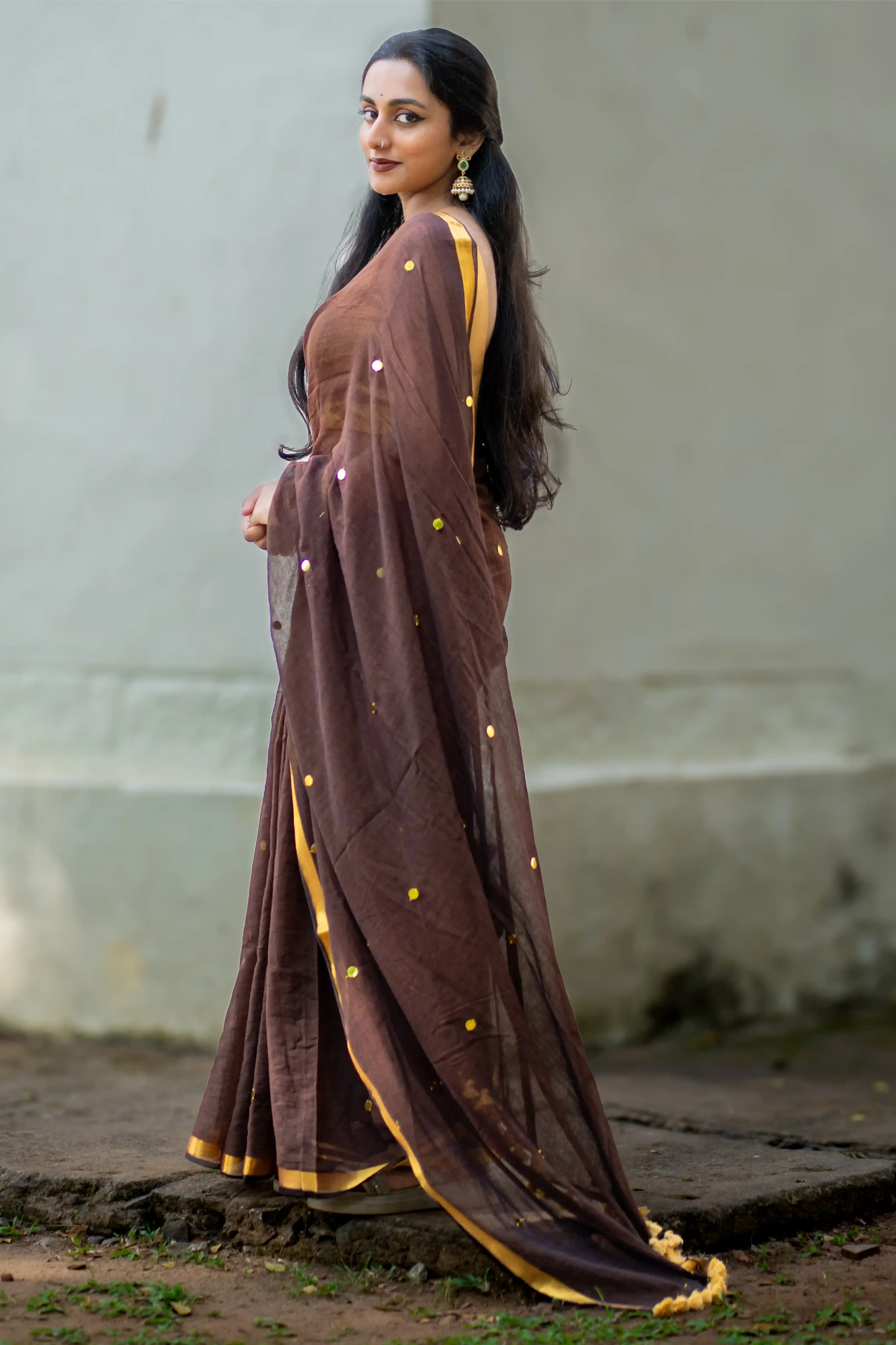Zarina Mocha Sequin Cotton Saree