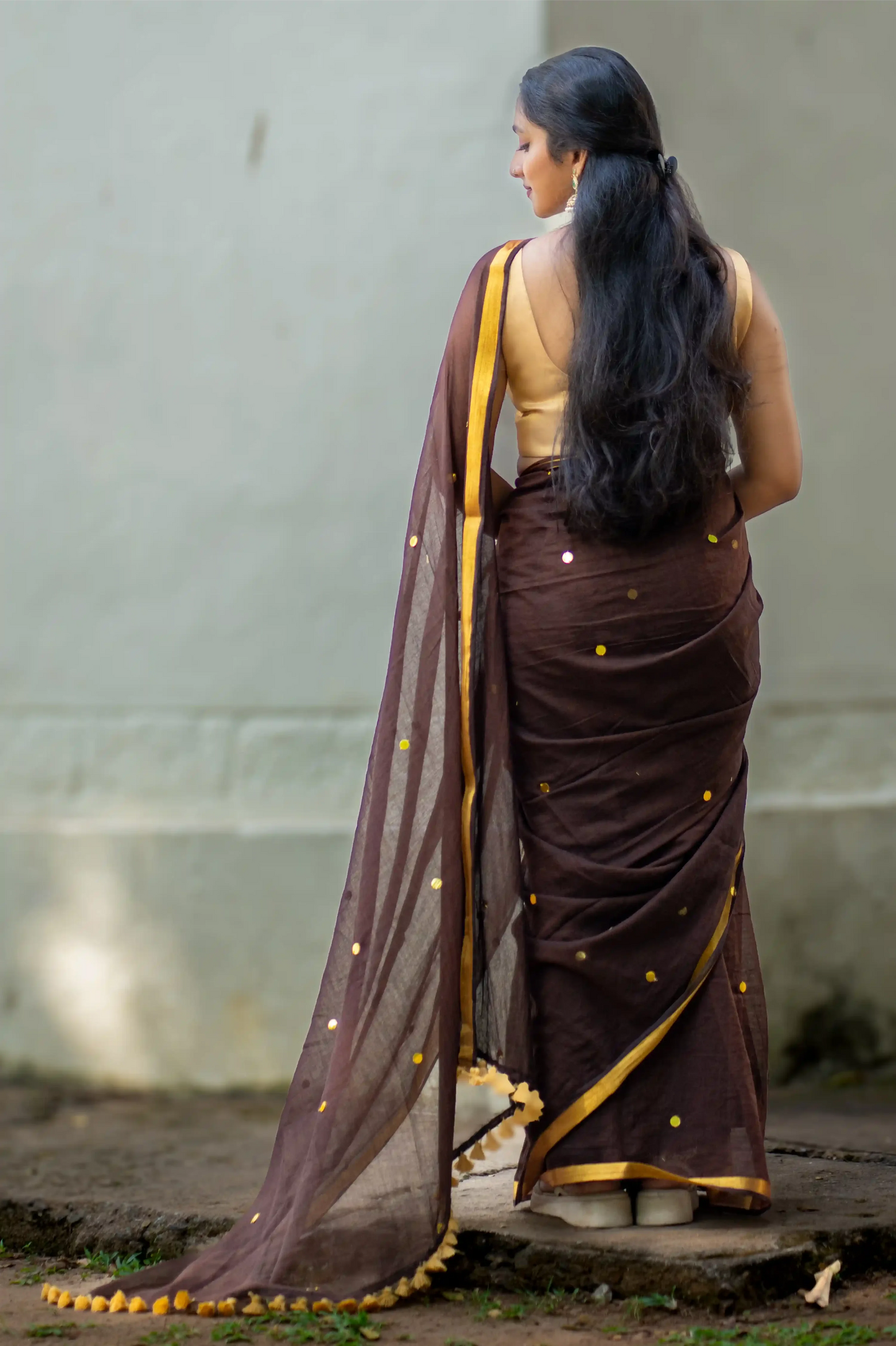 Zarina Mocha Sequin Cotton Saree