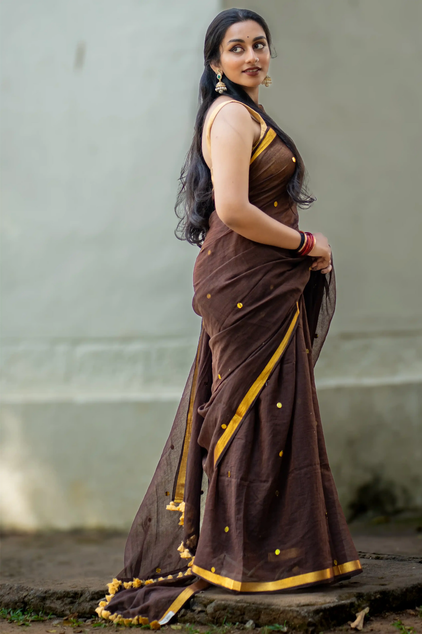 Zarina Mocha Sequin Cotton Saree