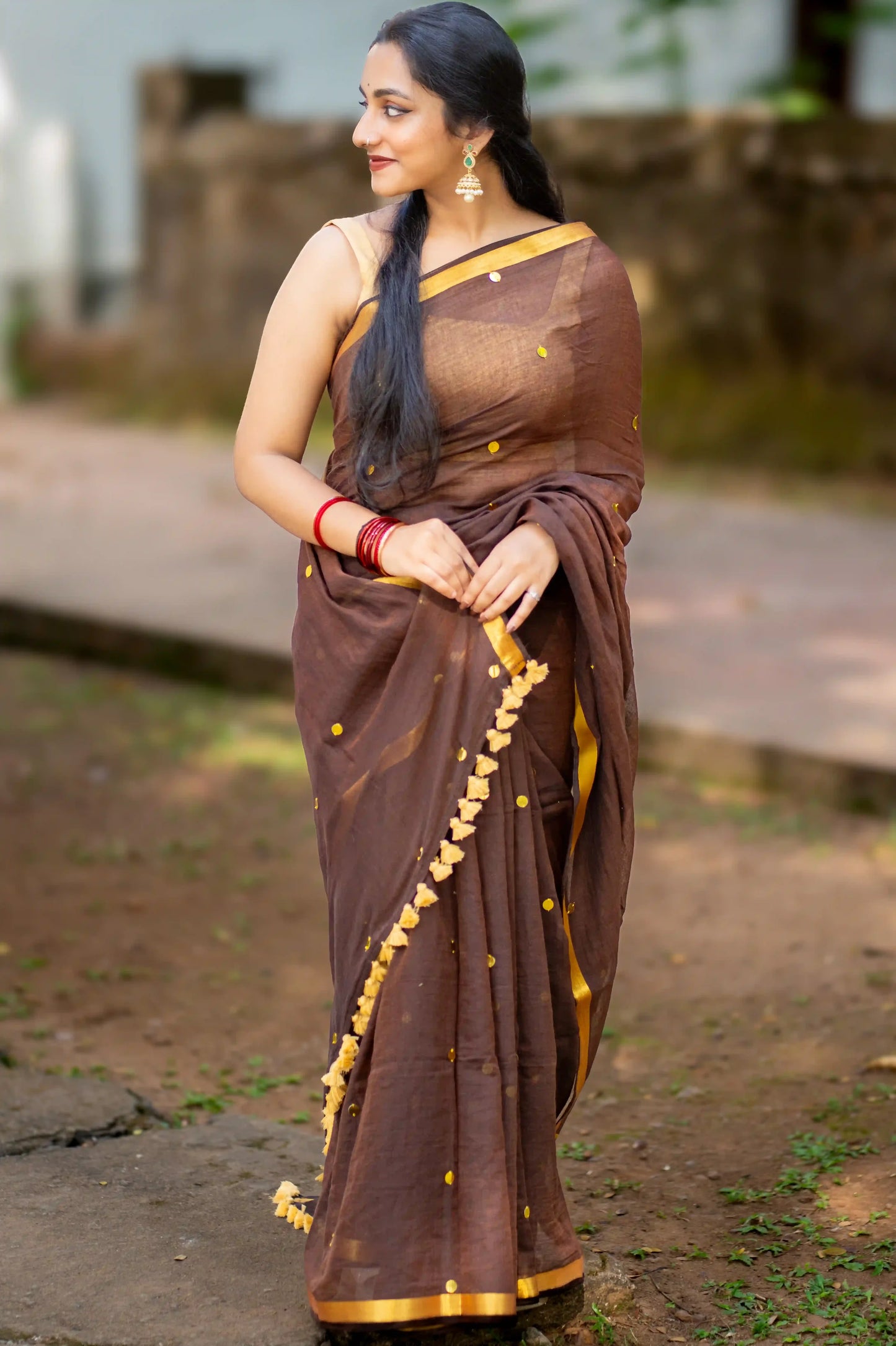 Zarina Mocha Sequin Cotton Saree