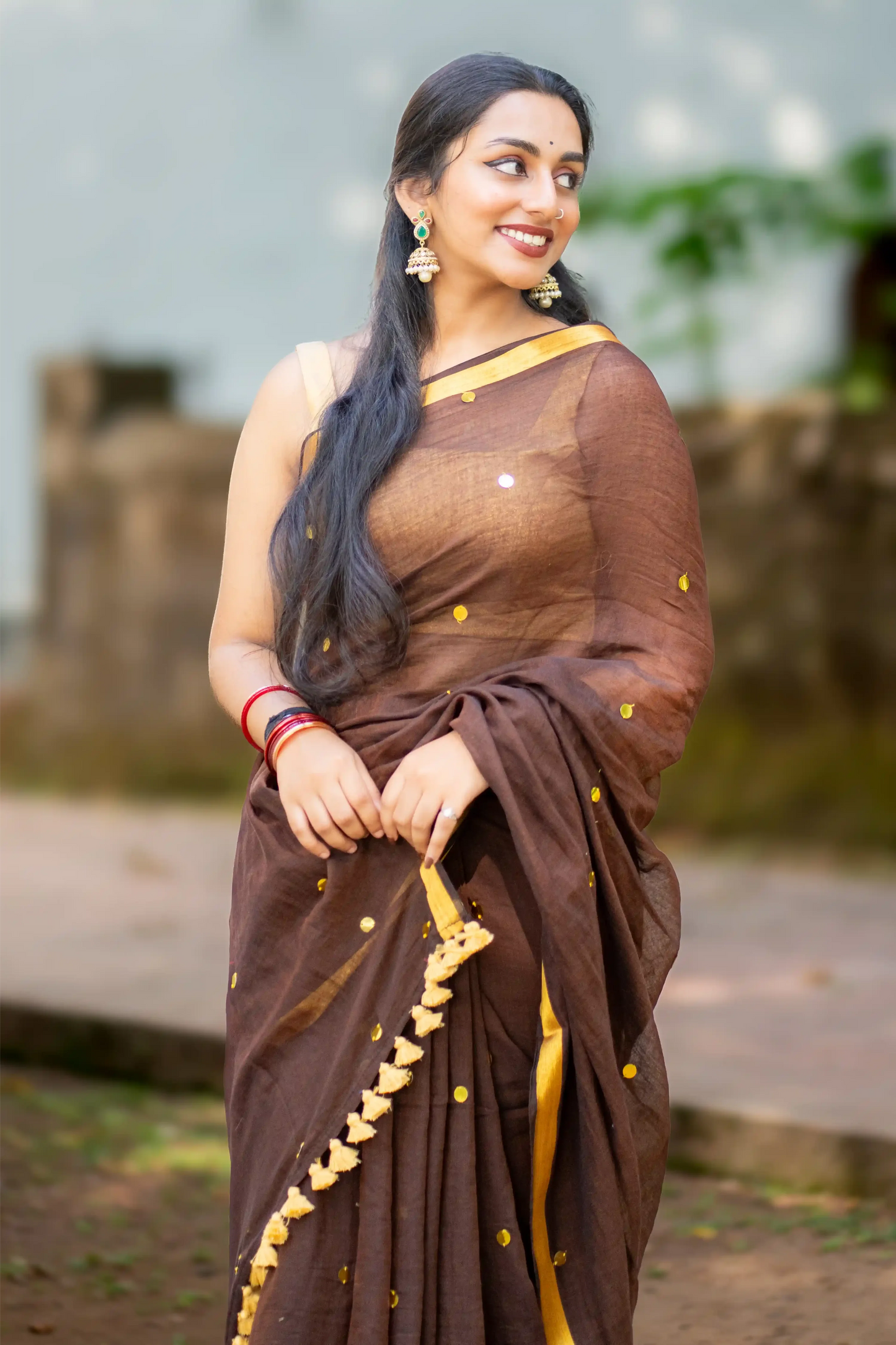 Zarina Mocha Sequin Cotton Saree