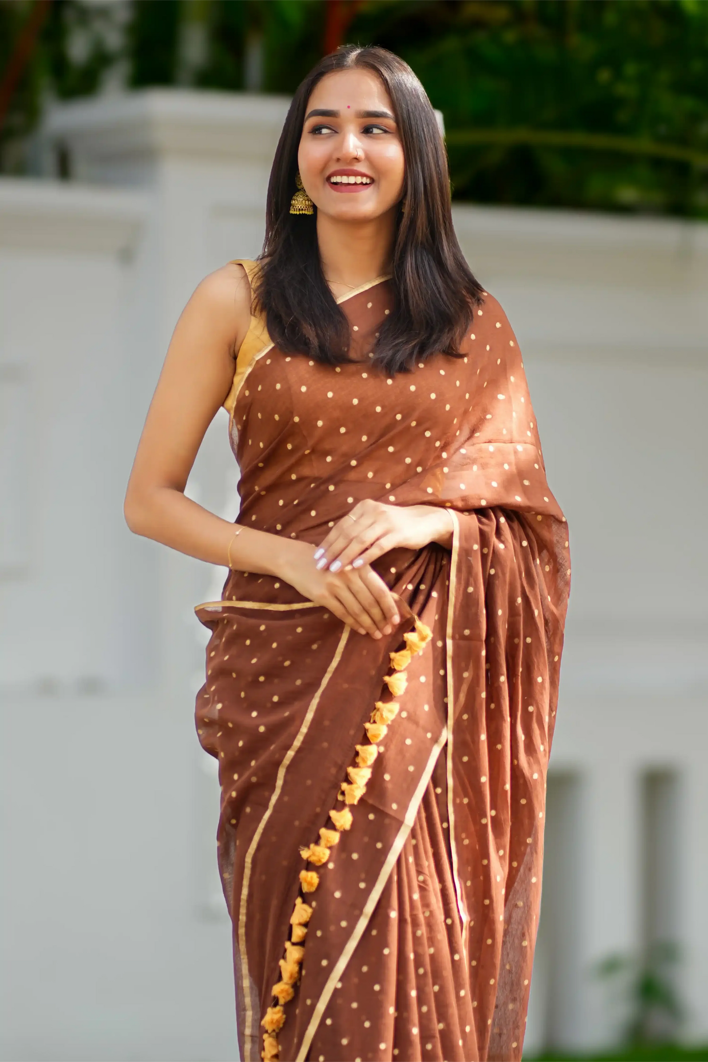 Cocoa Bindu Gold Polka Dot Cotton Saree