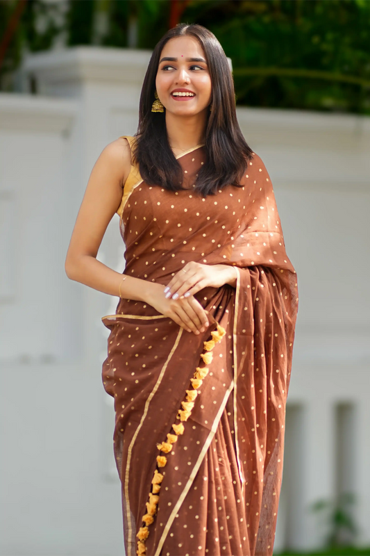 Cocoa Bindu Gold Polka Dot Cotton Saree
