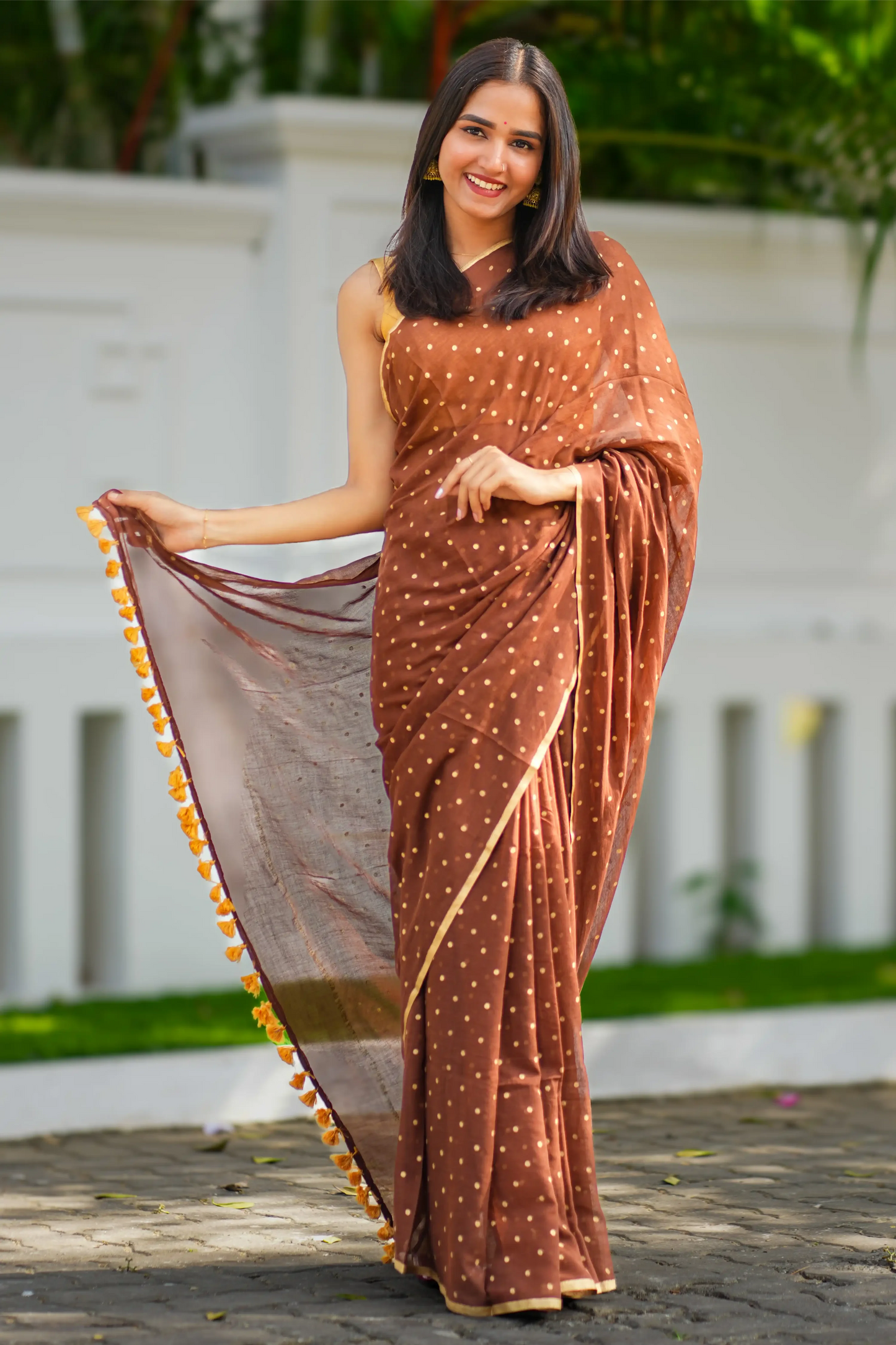 Cocoa Bindu Gold Polka Dot Cotton Saree