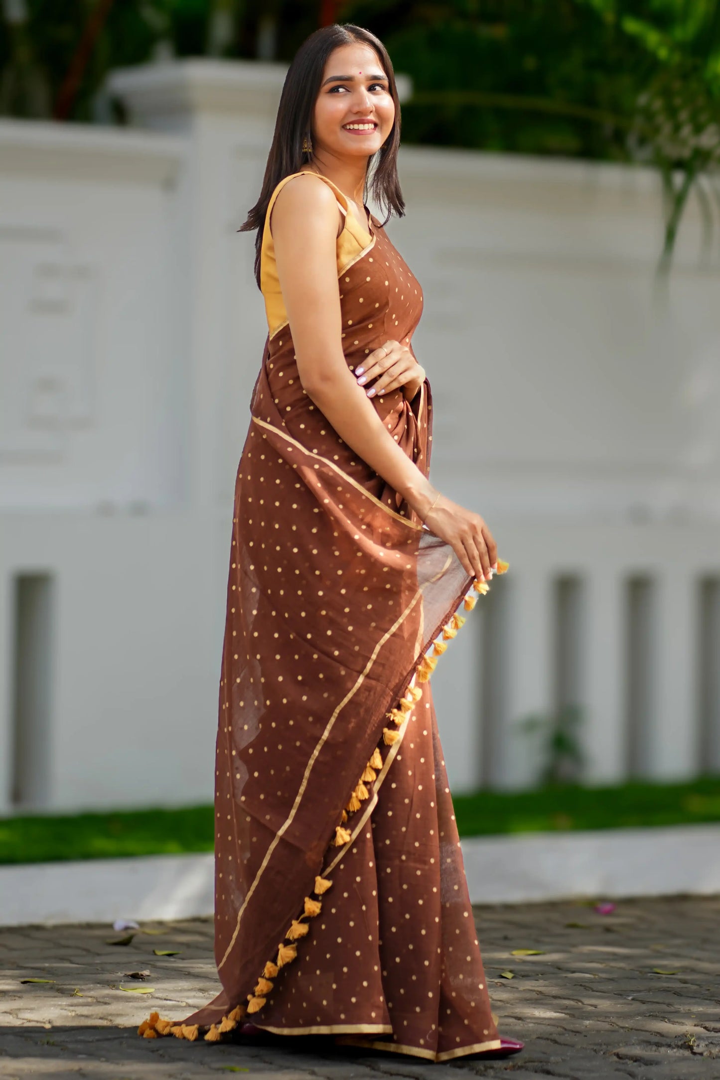 Cocoa Bindu Gold Polka Dot Cotton Saree