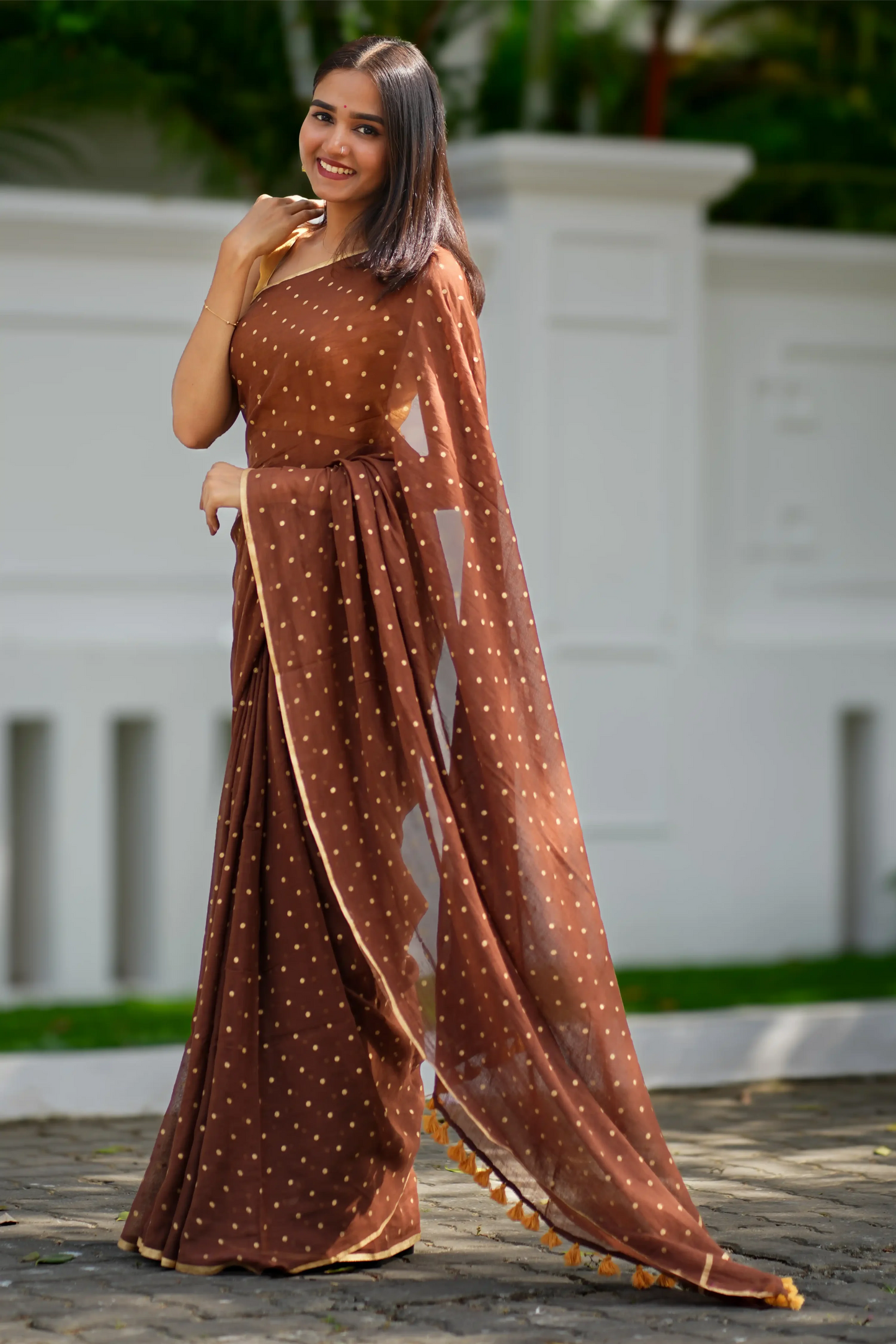 Cocoa Bindu Gold Polka Dot Cotton Saree