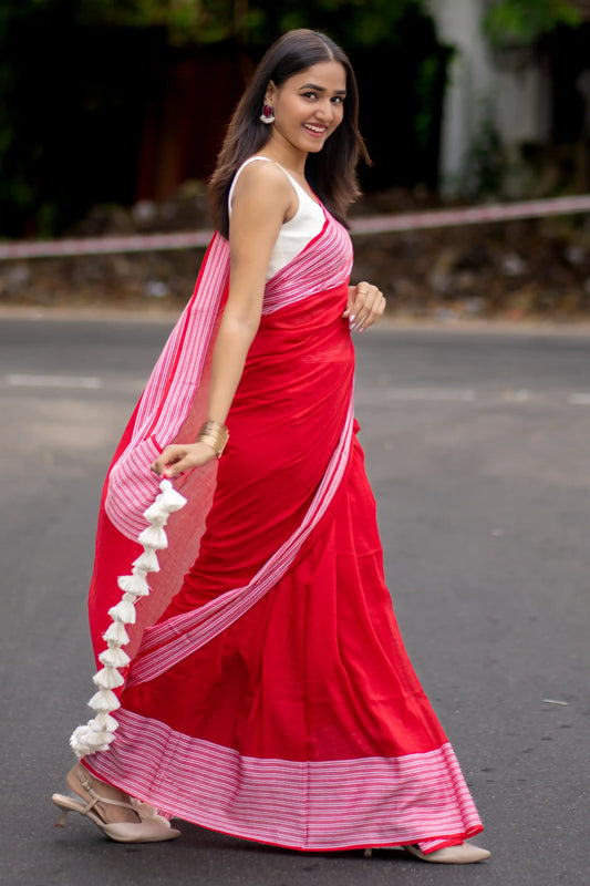 Crimson Rhythm Cotton Zari Saree