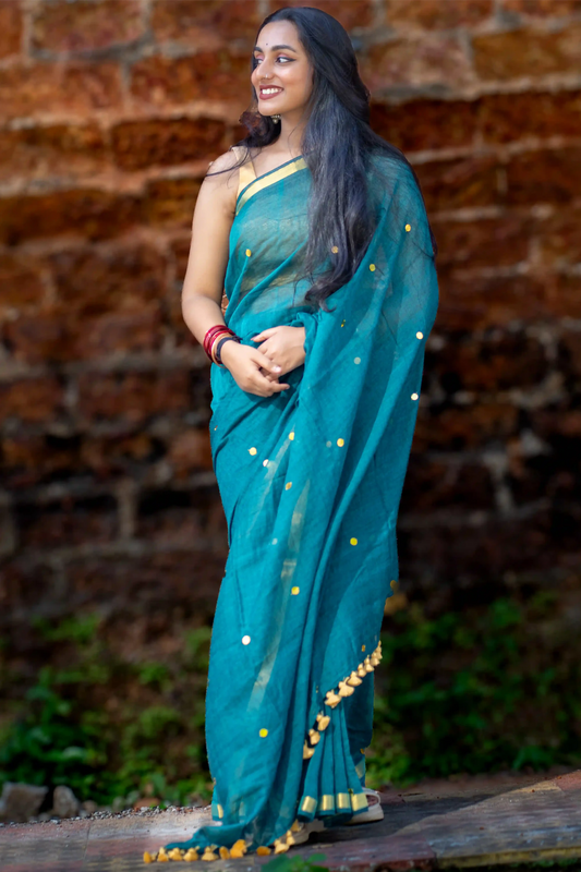 Teal Glimmer Cotton Sequin Saree