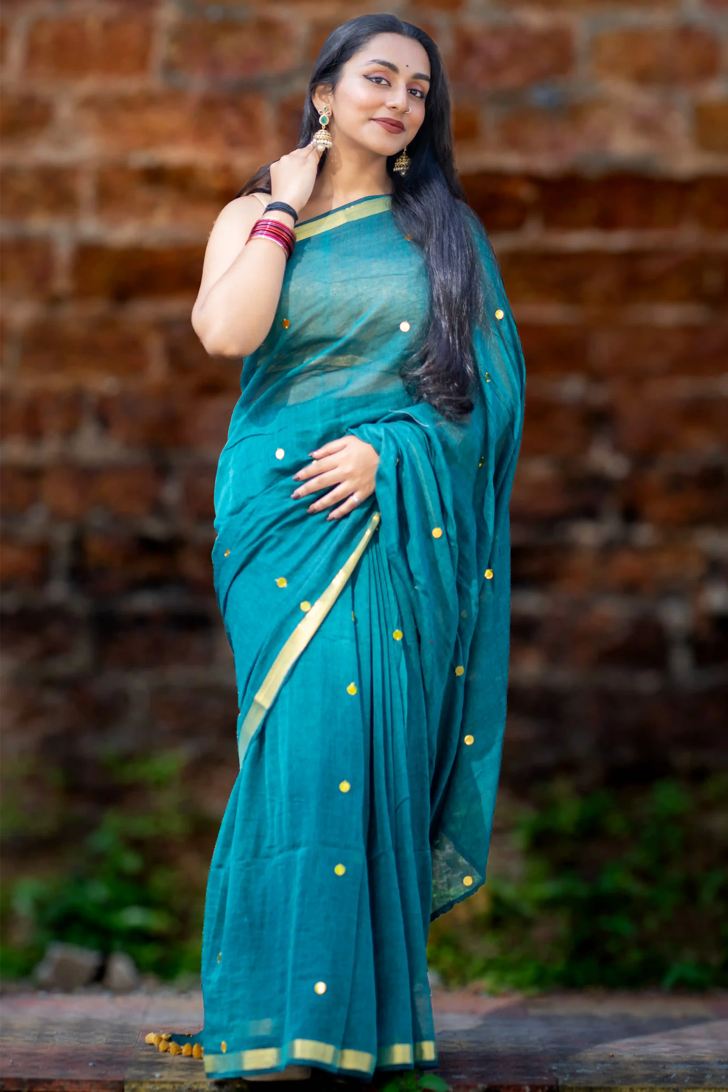 Teal Glimmer Cotton Sequin Saree