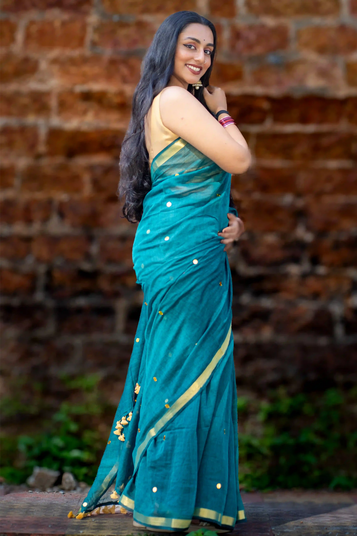 Teal Glimmer Cotton Sequin Saree