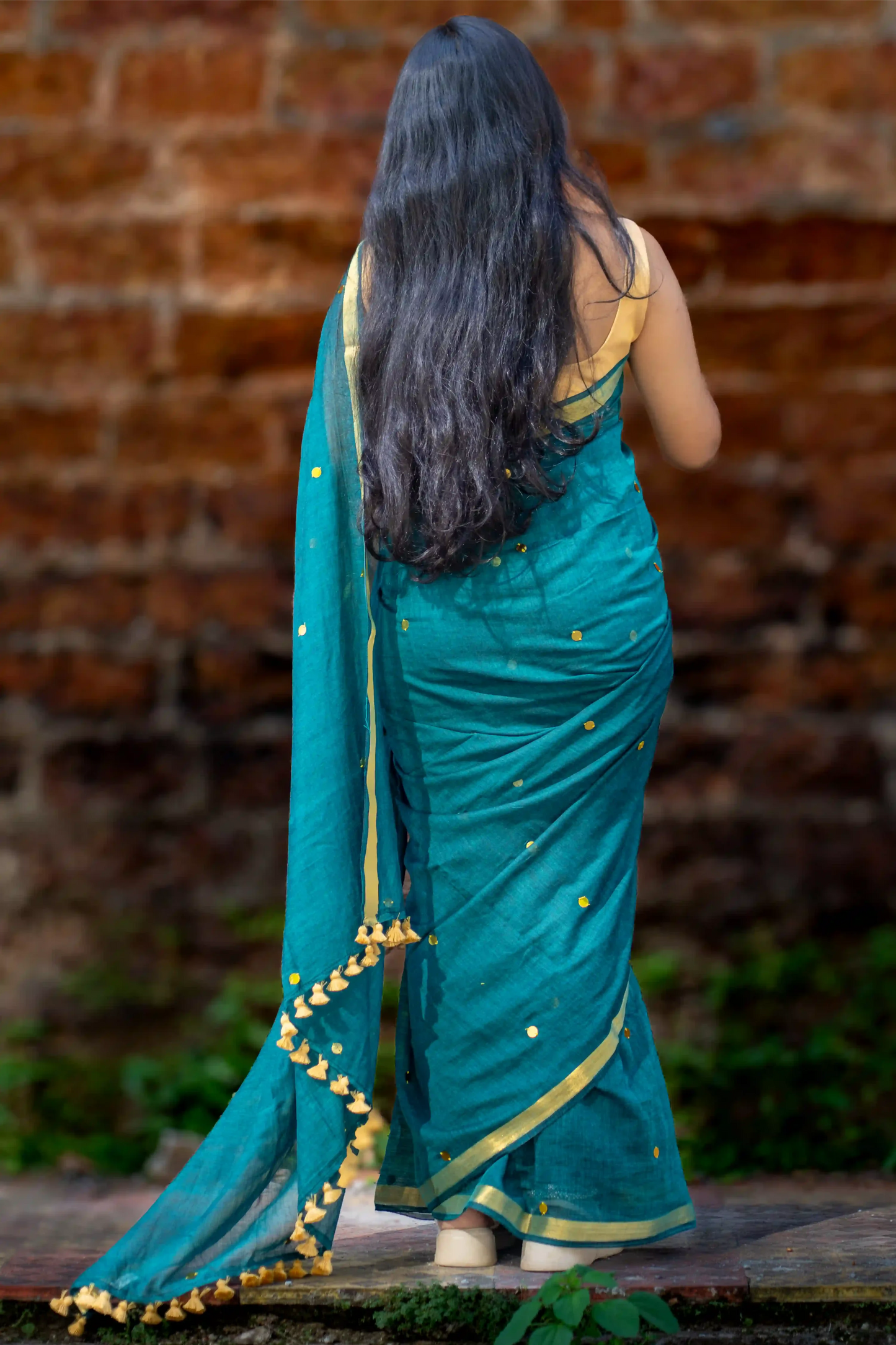 Teal Glimmer Cotton Sequin Saree