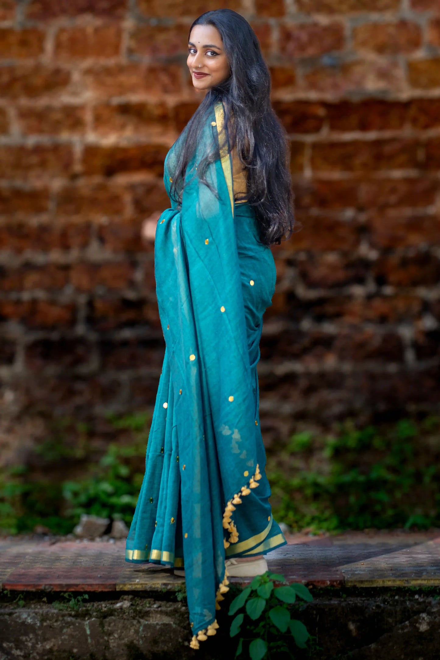 Teal Glimmer Cotton Sequin Saree