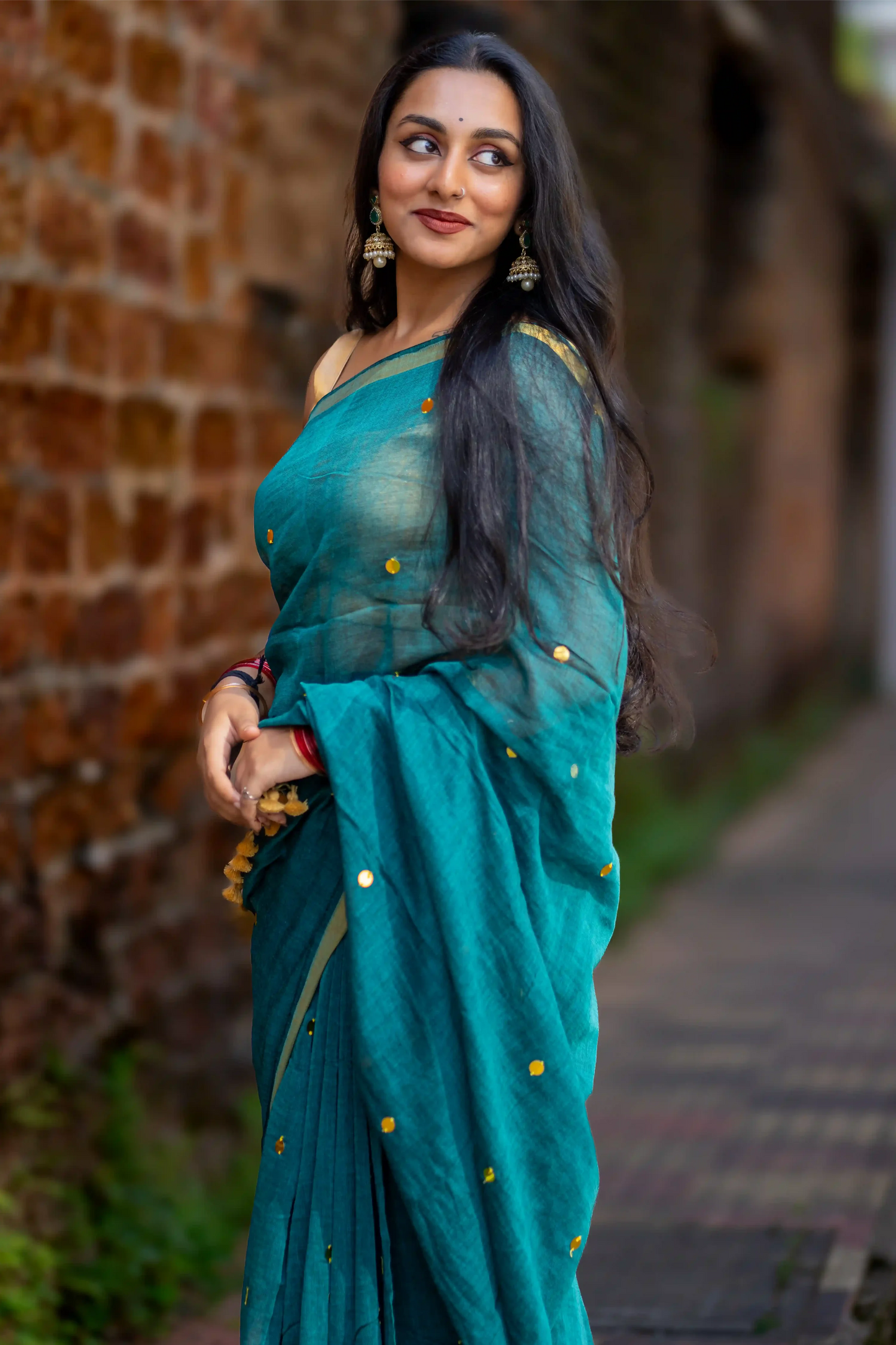 Teal Glimmer Cotton Sequin Saree