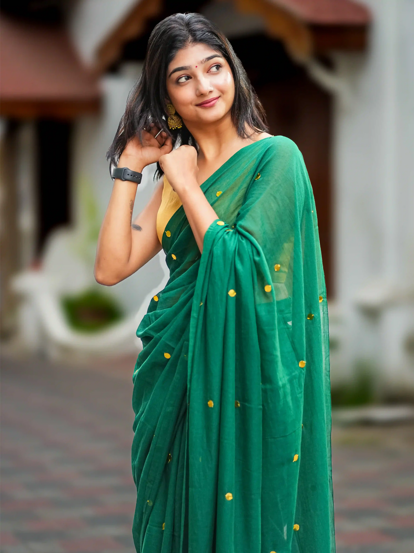 Ziva Emerald Cotton Sequin Saree