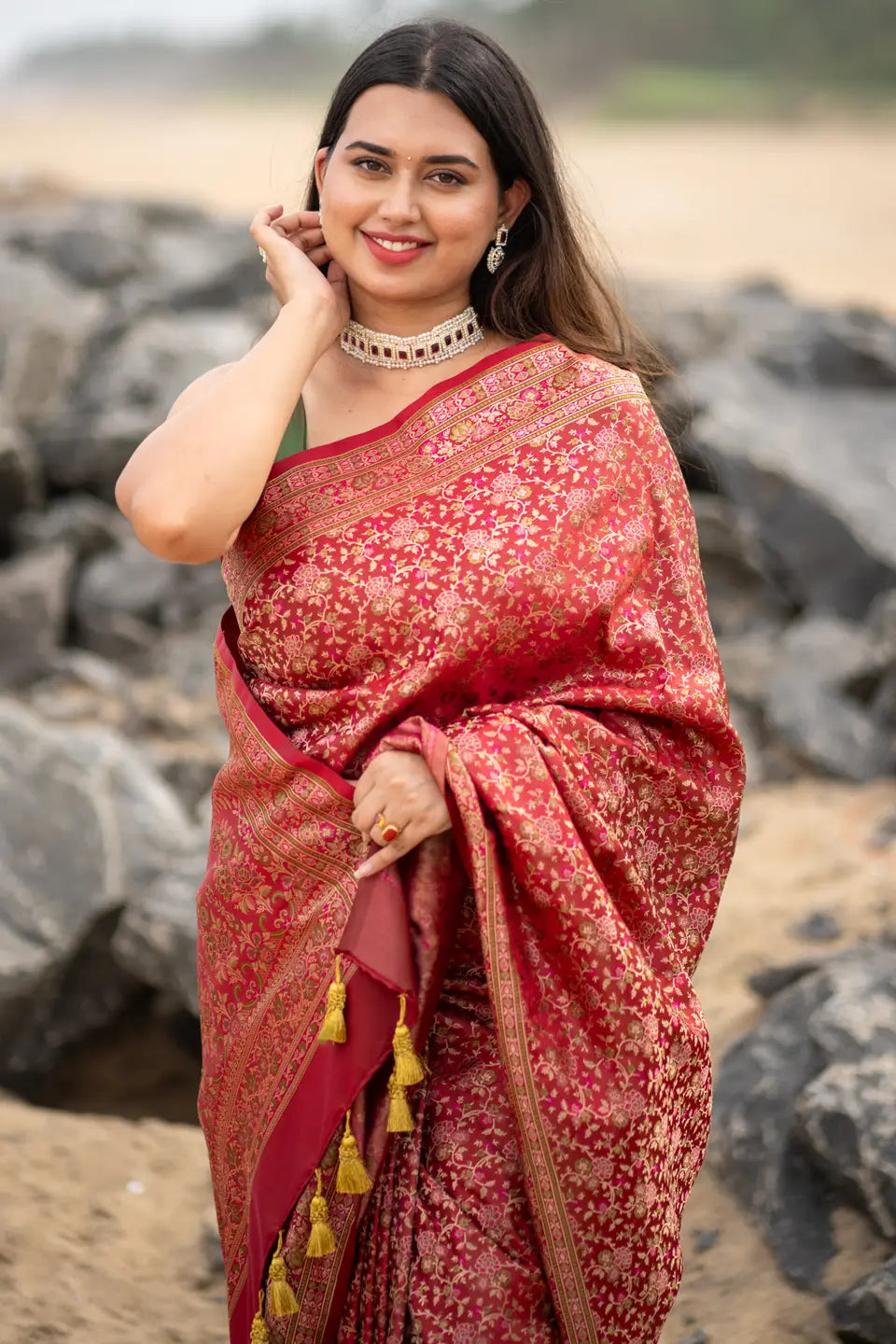 Floral-Ox-Blood-Red-Jamawar-Katan-Banarasi-Silk-Saree-I-Love-Sarees

