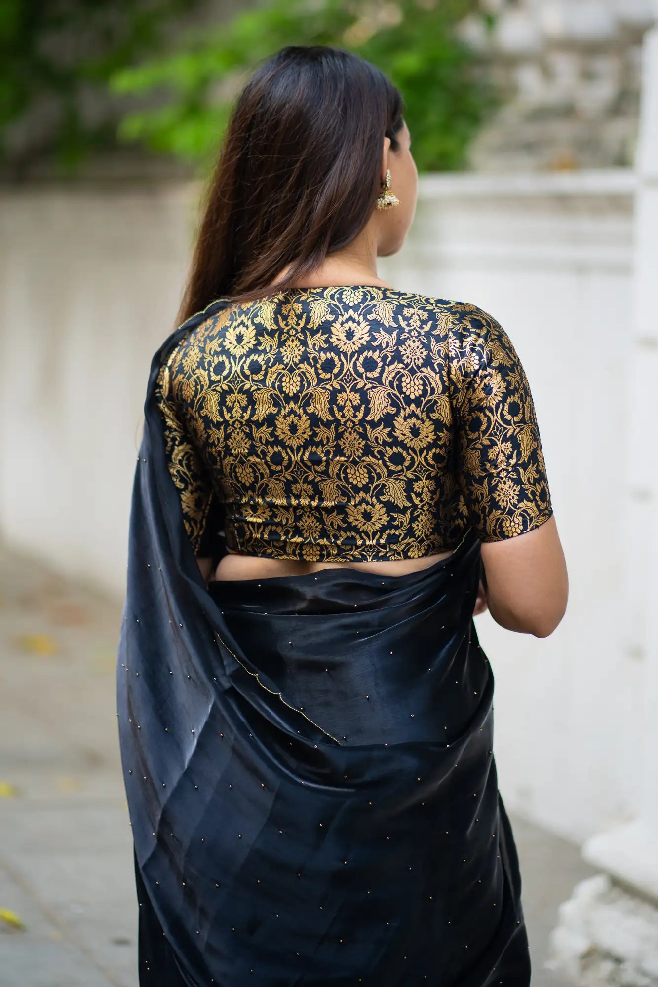 Golden-Black-V-Neck-Banarasi-Blouse-With-Sleeve-Readymade-Blouse-I-Love-Sarees