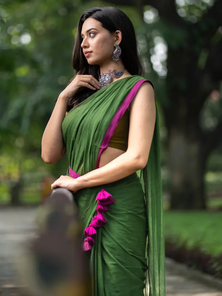 Green and Pink Handloom Cotton Saree - I Love Sarees