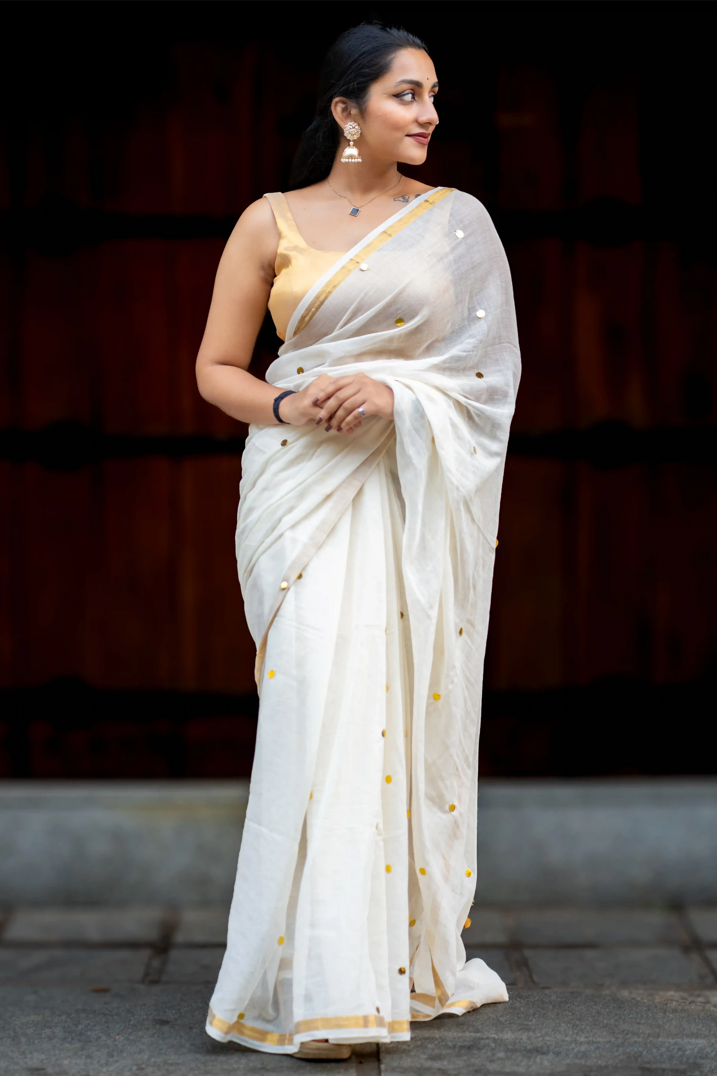 Offwhite Cotton Sequin Saree