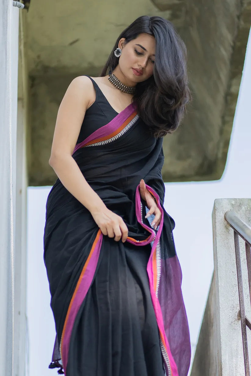 CHARUKRITI Black & Pink Cotton Woven Saree With Unstitched Blouse