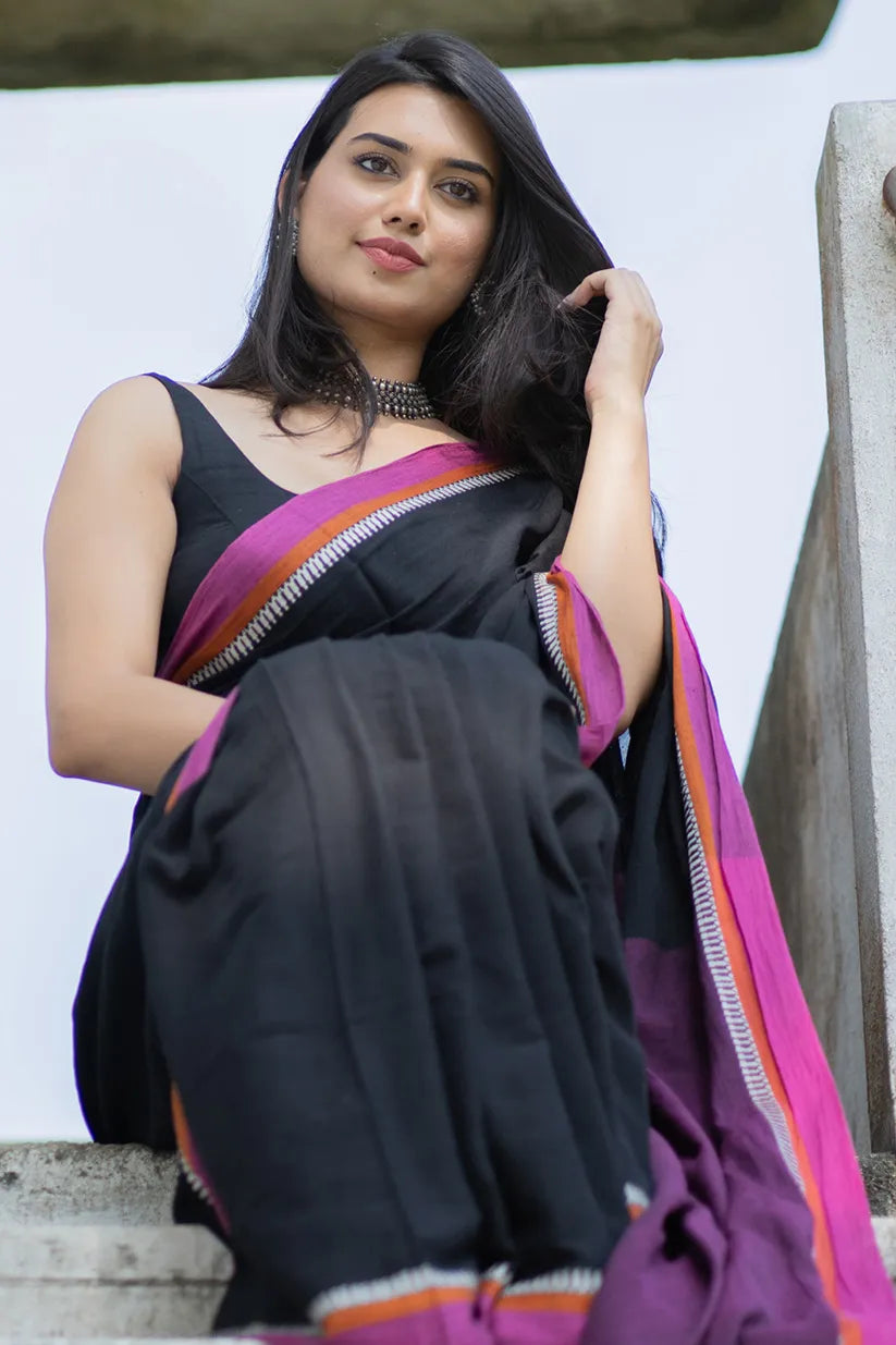 Last Song Black Saree with Pink Border