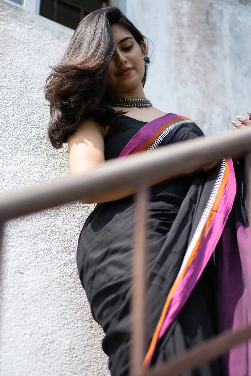 Last Song Black Saree with Pink Border
