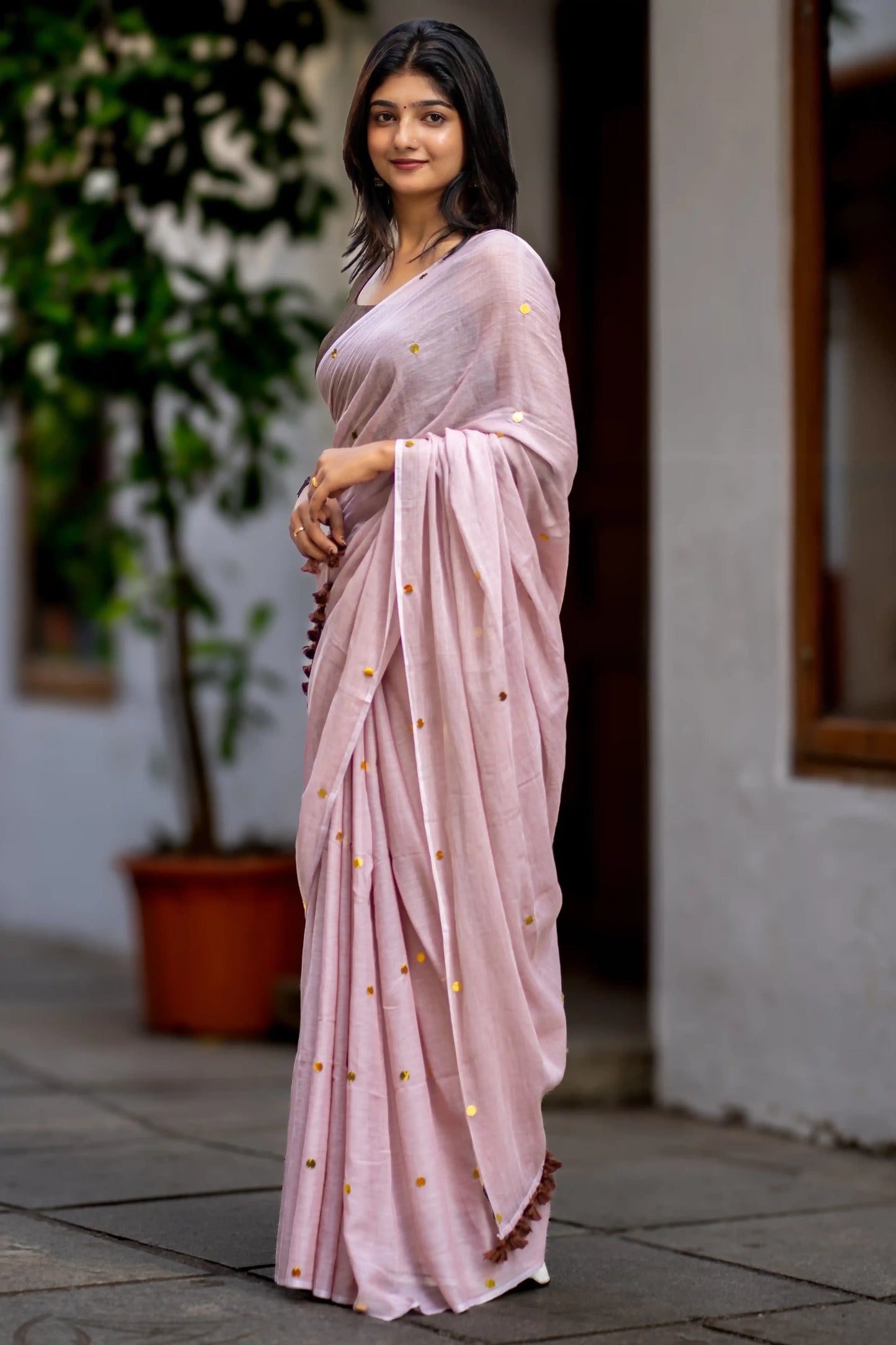 Light Choco Brown Sequin Cotton Saree