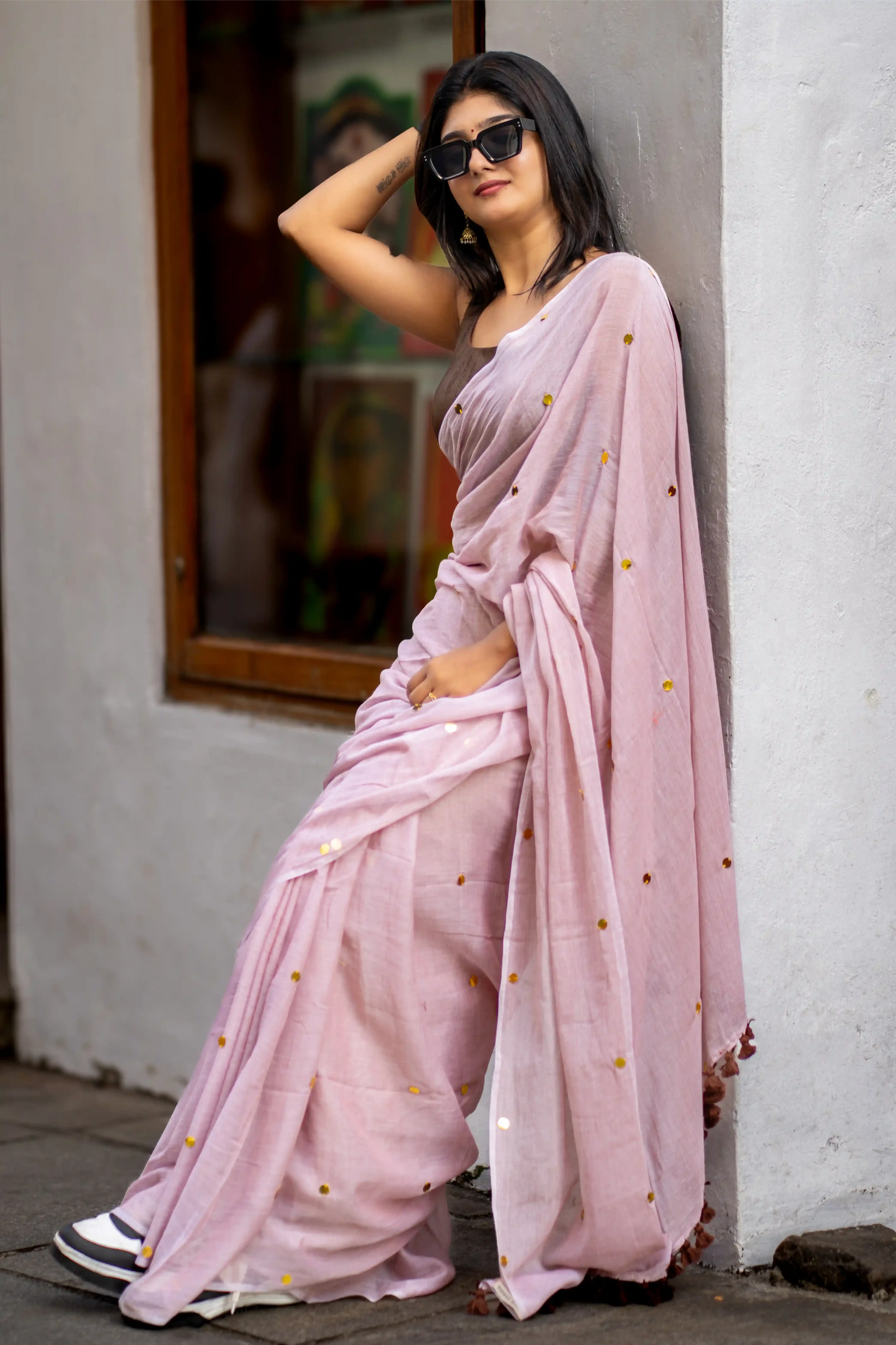 Light Choco Brown Sequin Cotton Saree
