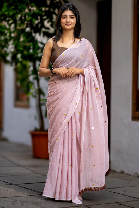 Light Choco Brown Sequin Cotton Saree