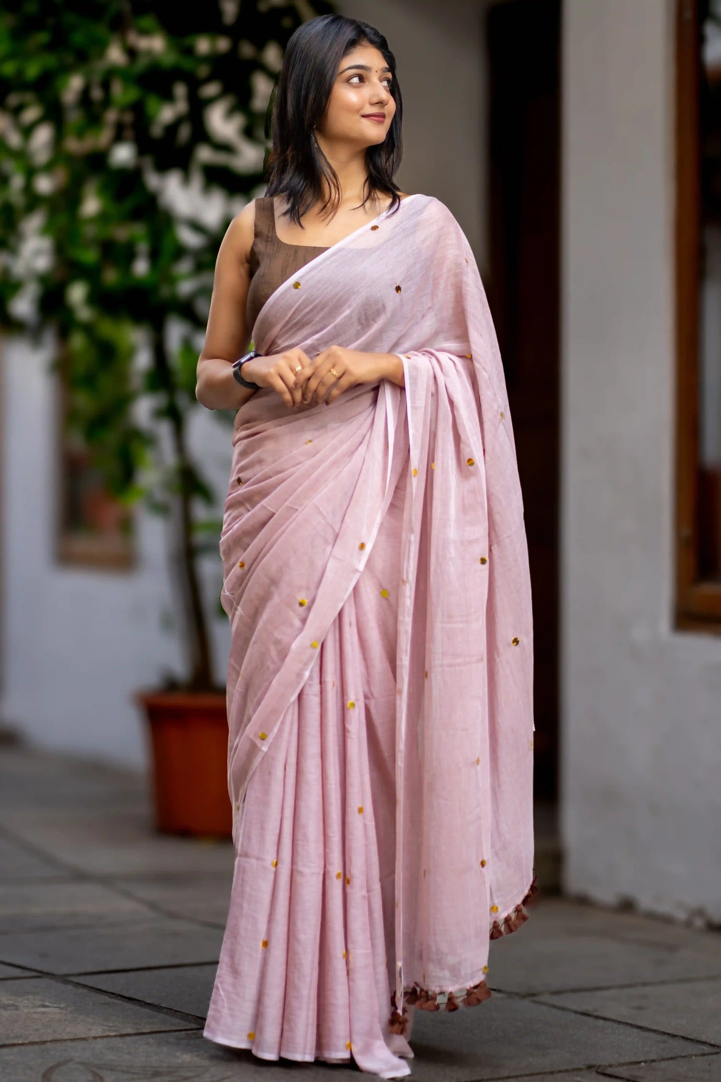 Light Choco Brown Sequin Cotton Saree