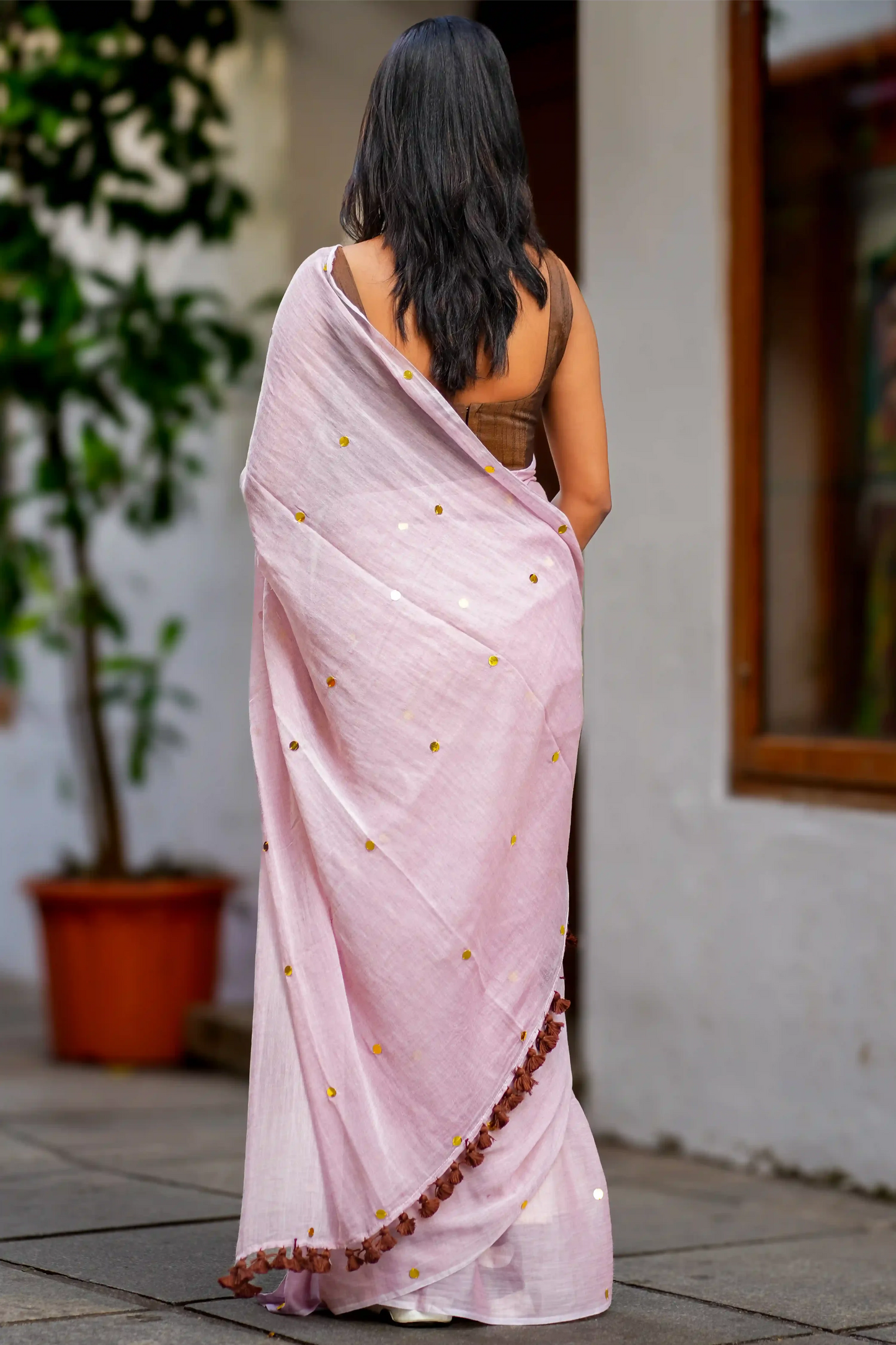 Light Choco Brown Sequin Cotton Saree