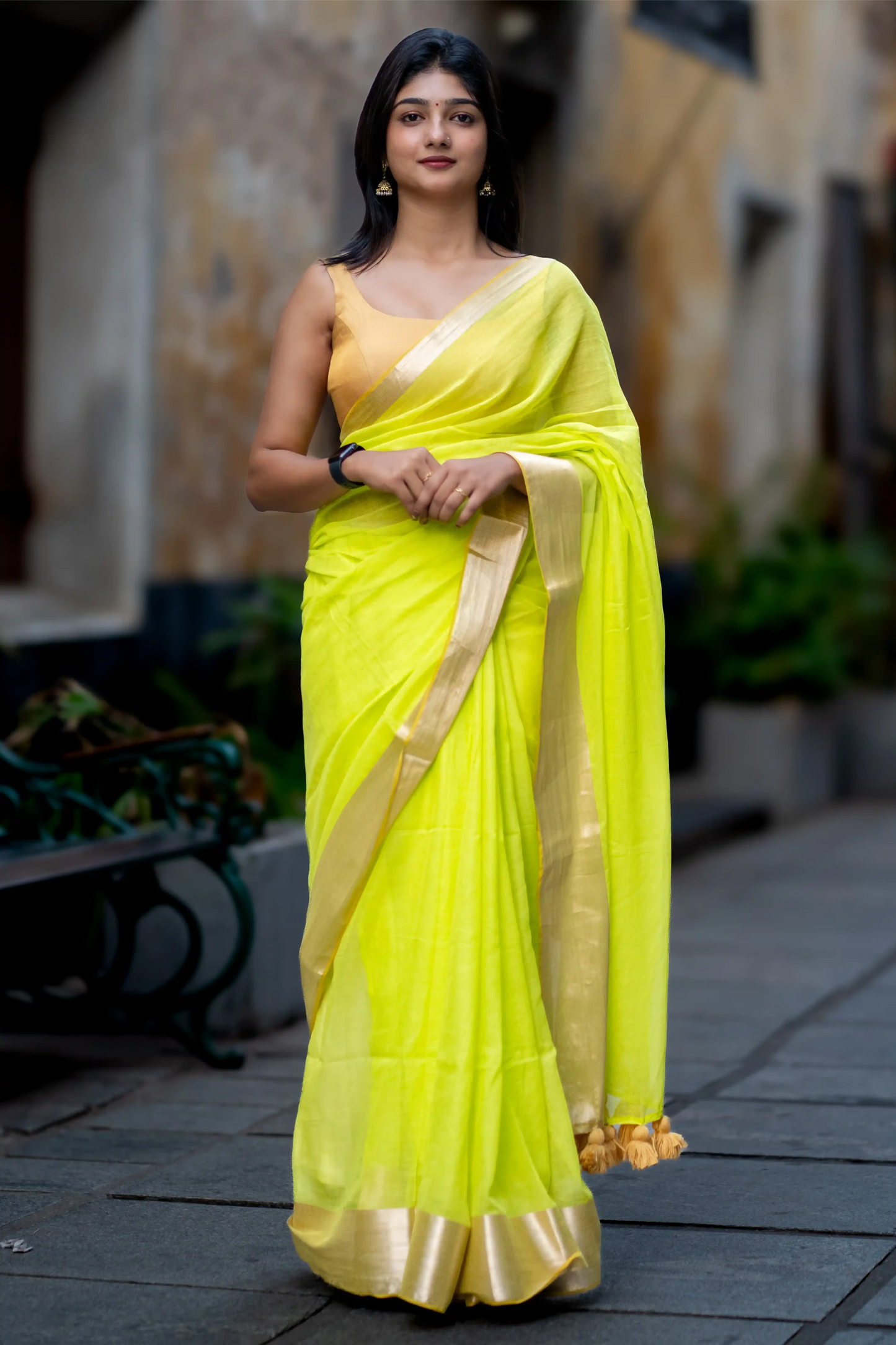 Lime Aura Cotton Zari Saree