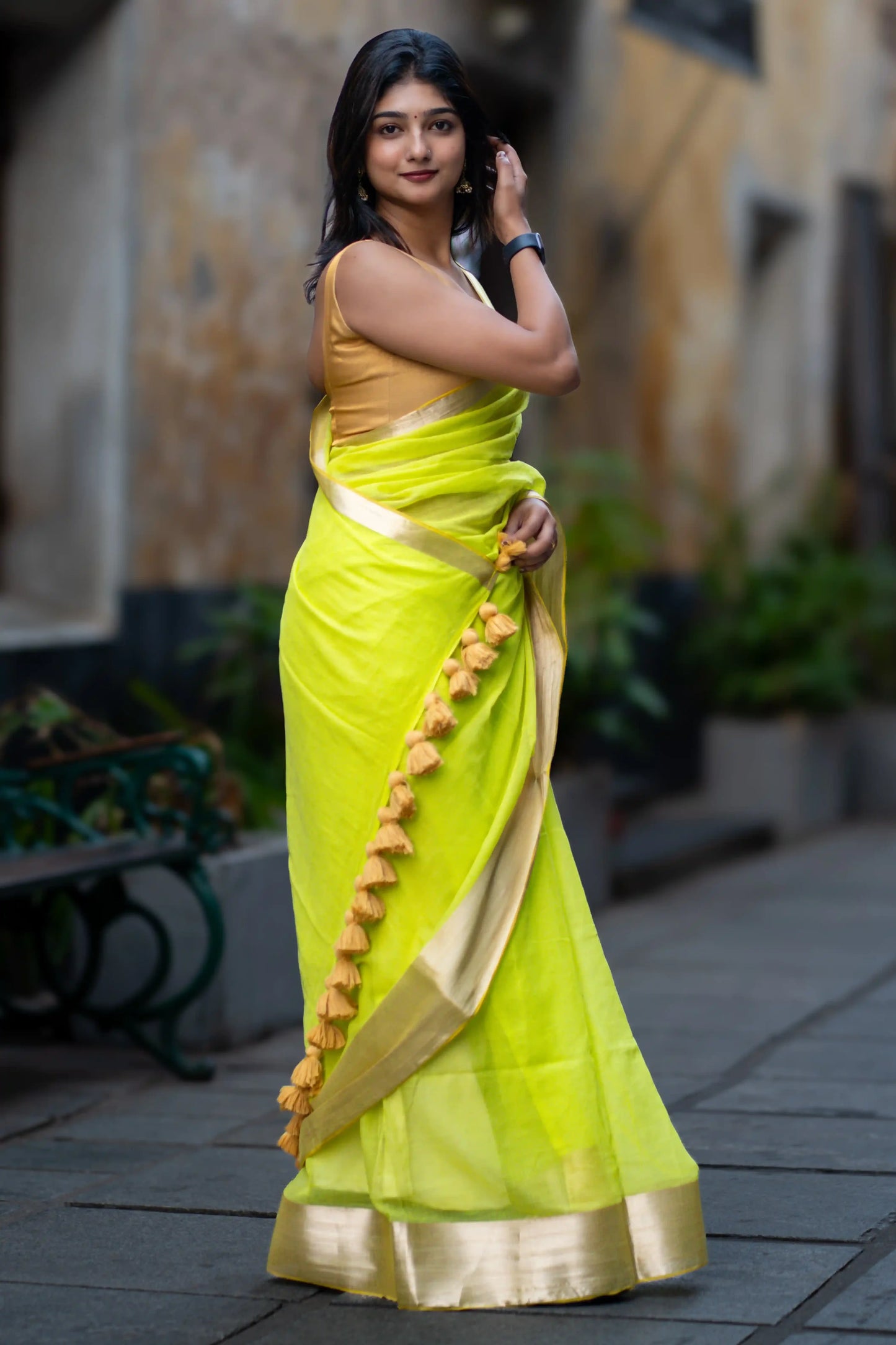Lime Aura Cotton Zari Saree
