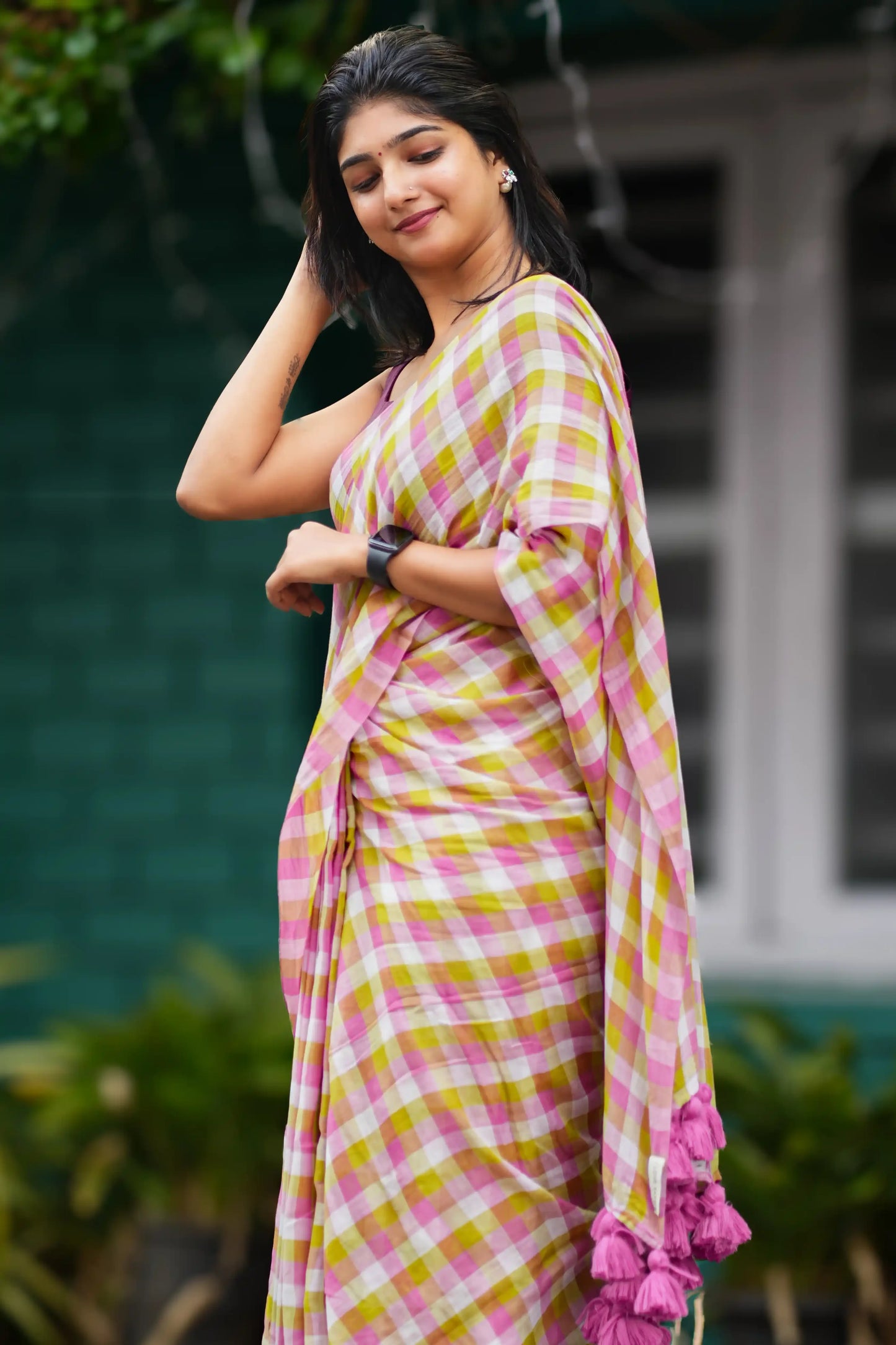 Pastel Anandi Cotton Check Saree