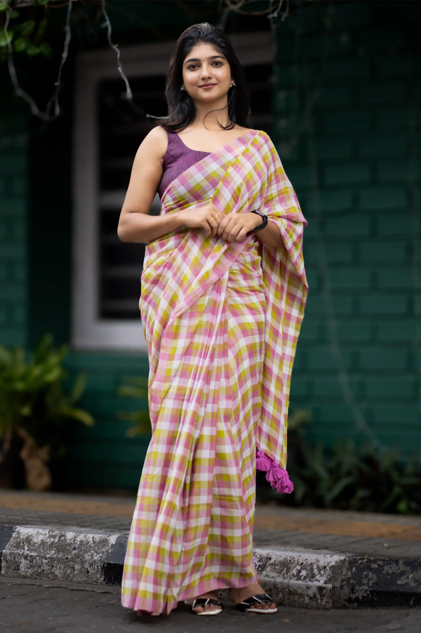 Pastel Anandi Cotton Check Saree