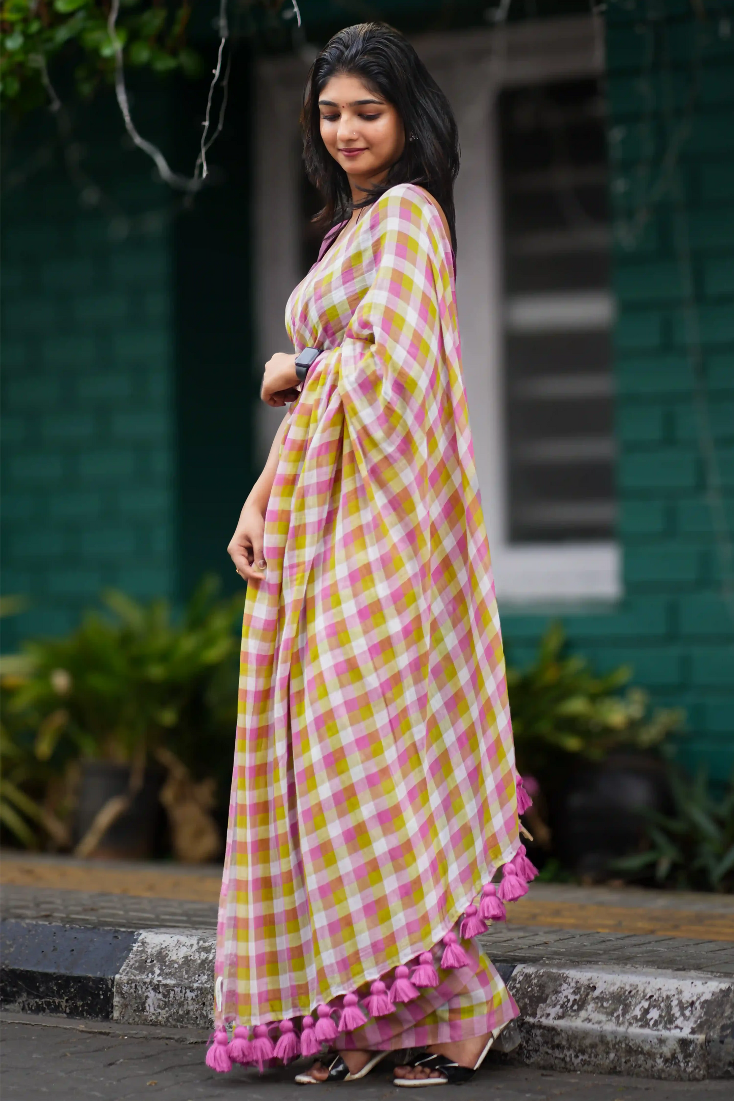 Pastel Anandi Cotton Check Saree