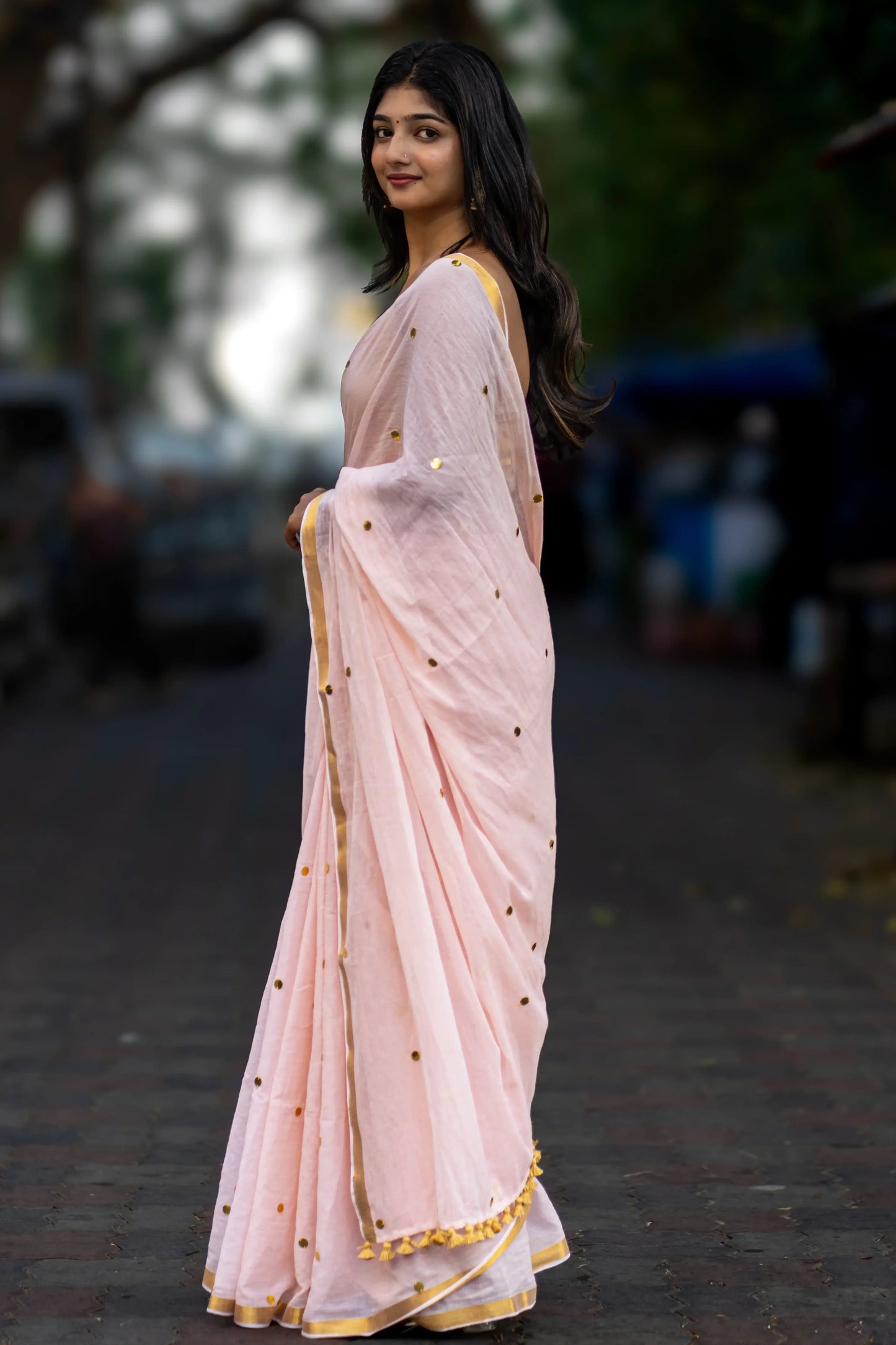 Aira Peach Sequin Cotton Saree