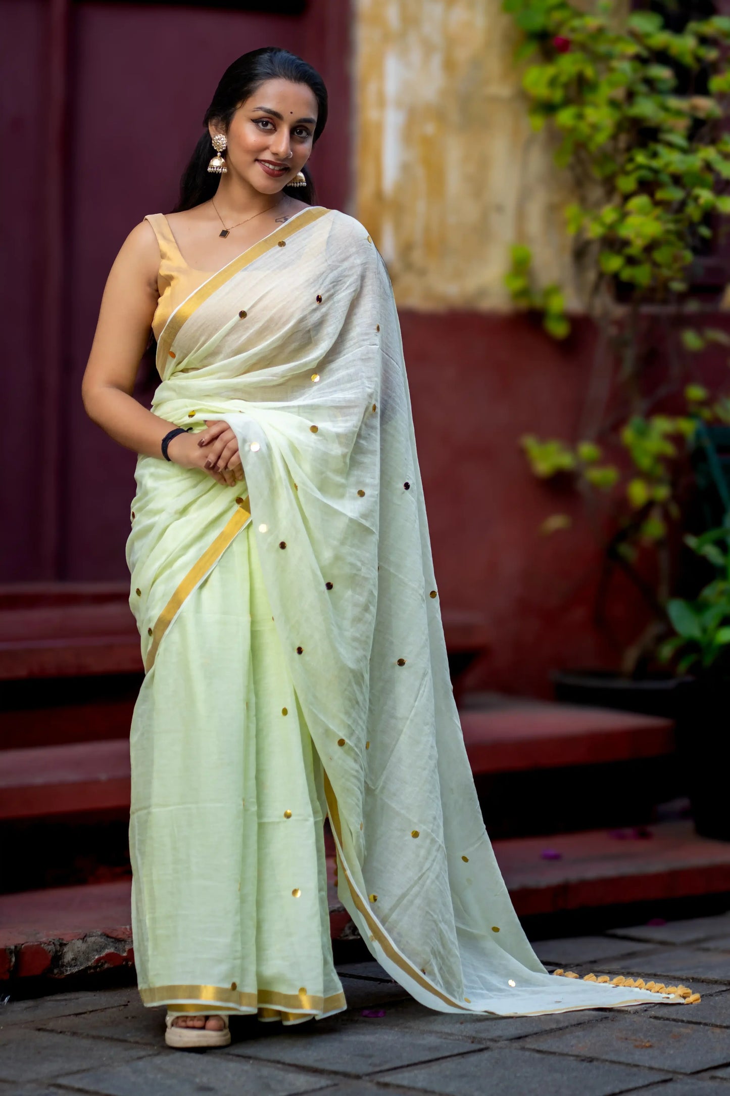 Pista Whisper Sequin Cotton Saree
