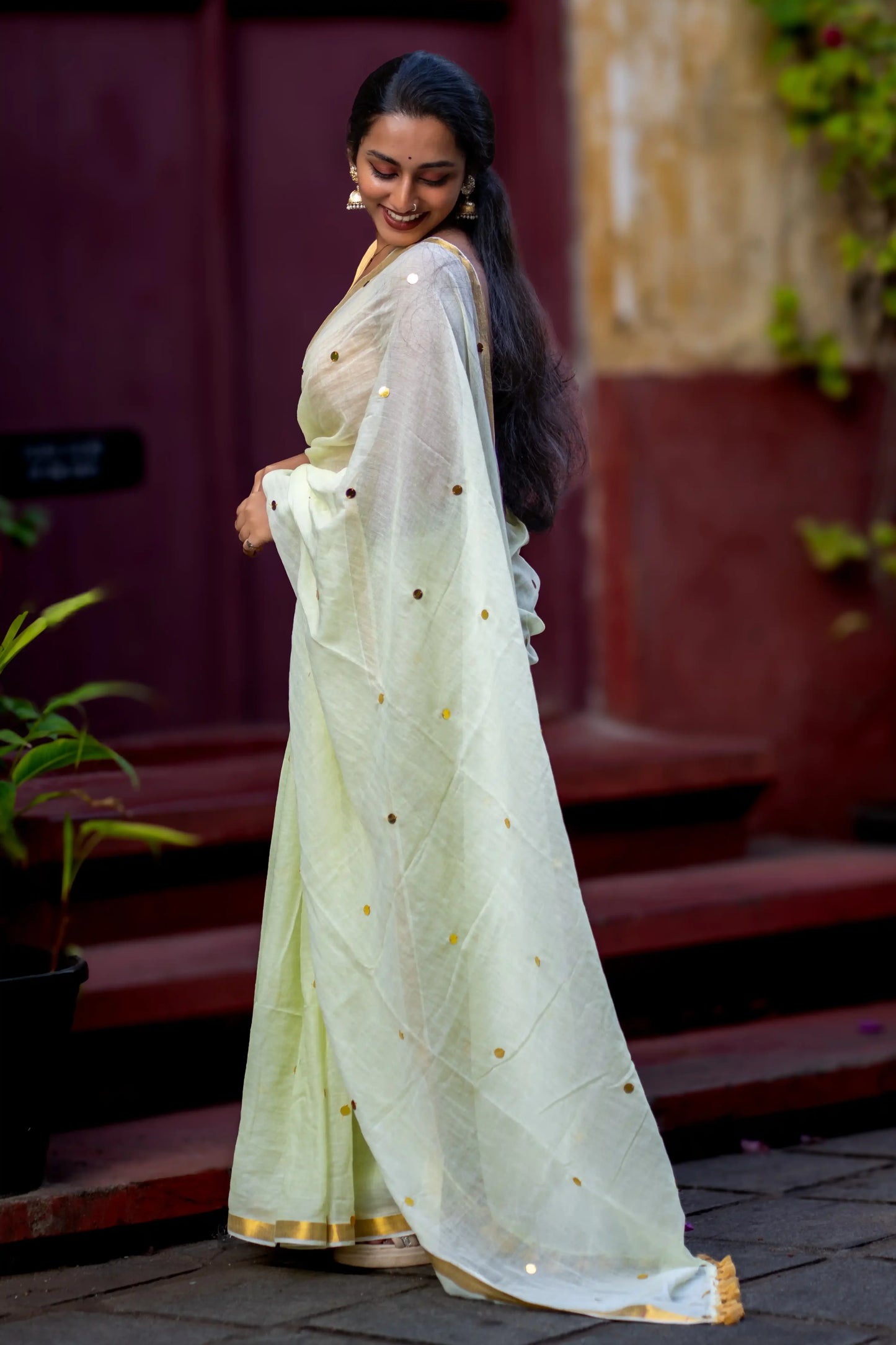 Pista Whisper Sequin Cotton Saree