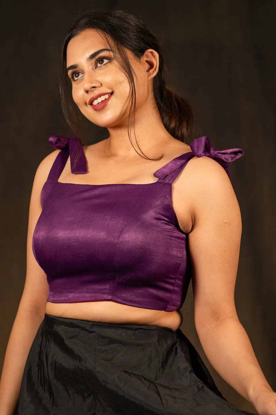 Purple-Sleeveless-Knot-Crop-Top-Blouse-For-Saree